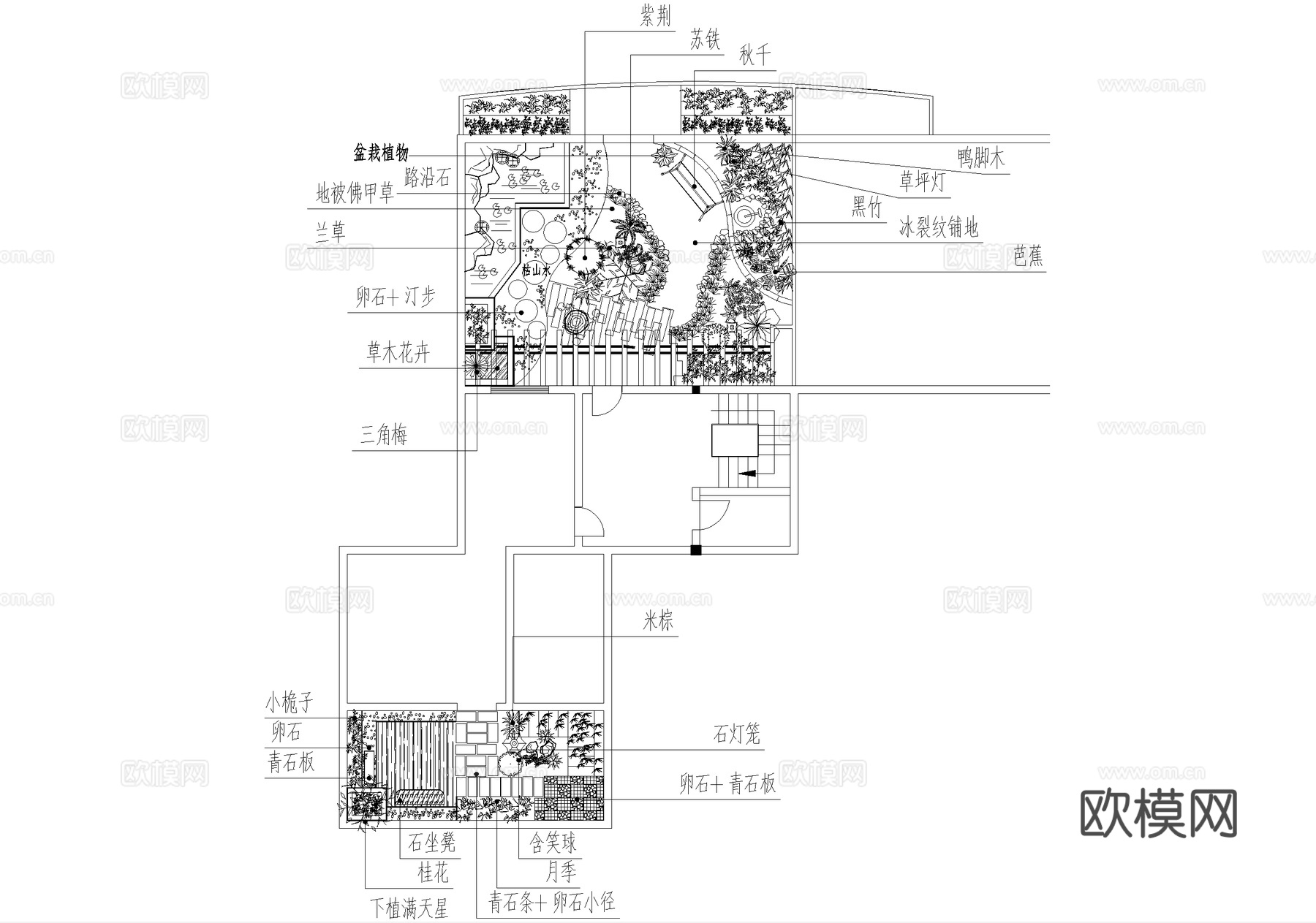屋顶花园 平面图 植物种植绿化配置cad施工图