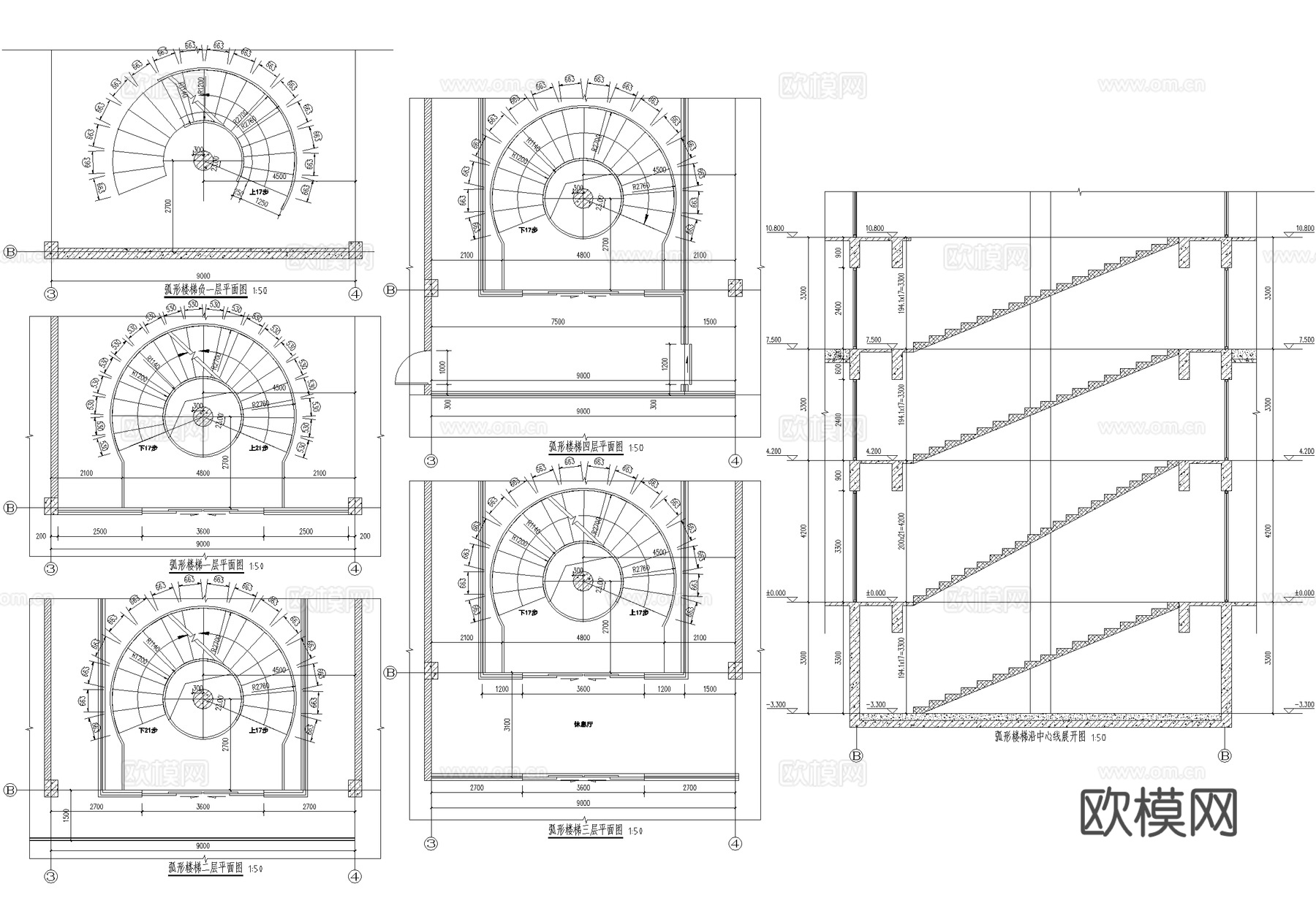 弧形旋转楼梯节点cad施工图
