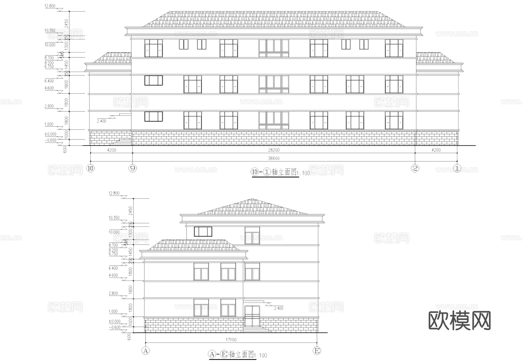 欧式坡屋顶办公楼建筑CAD施工图cad施工图