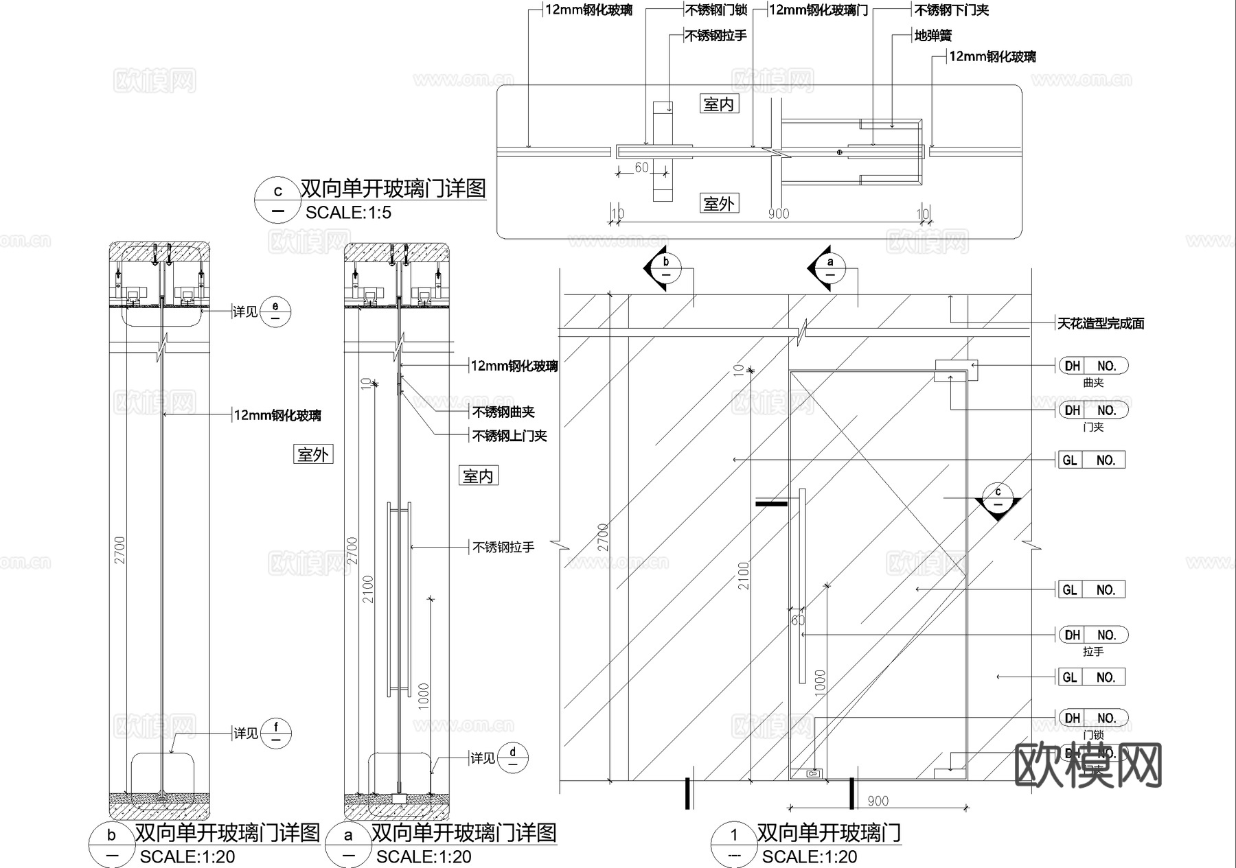 钢化玻璃门 双向单开门cad施工图cad施工图