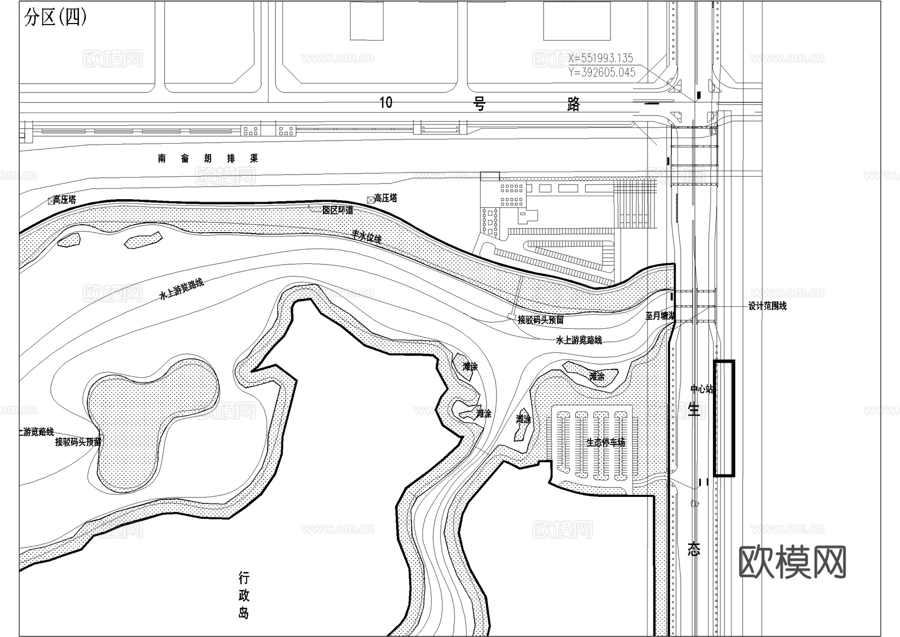湿地滨水公园规划总平面图 总图竖向游览路线cad施工图