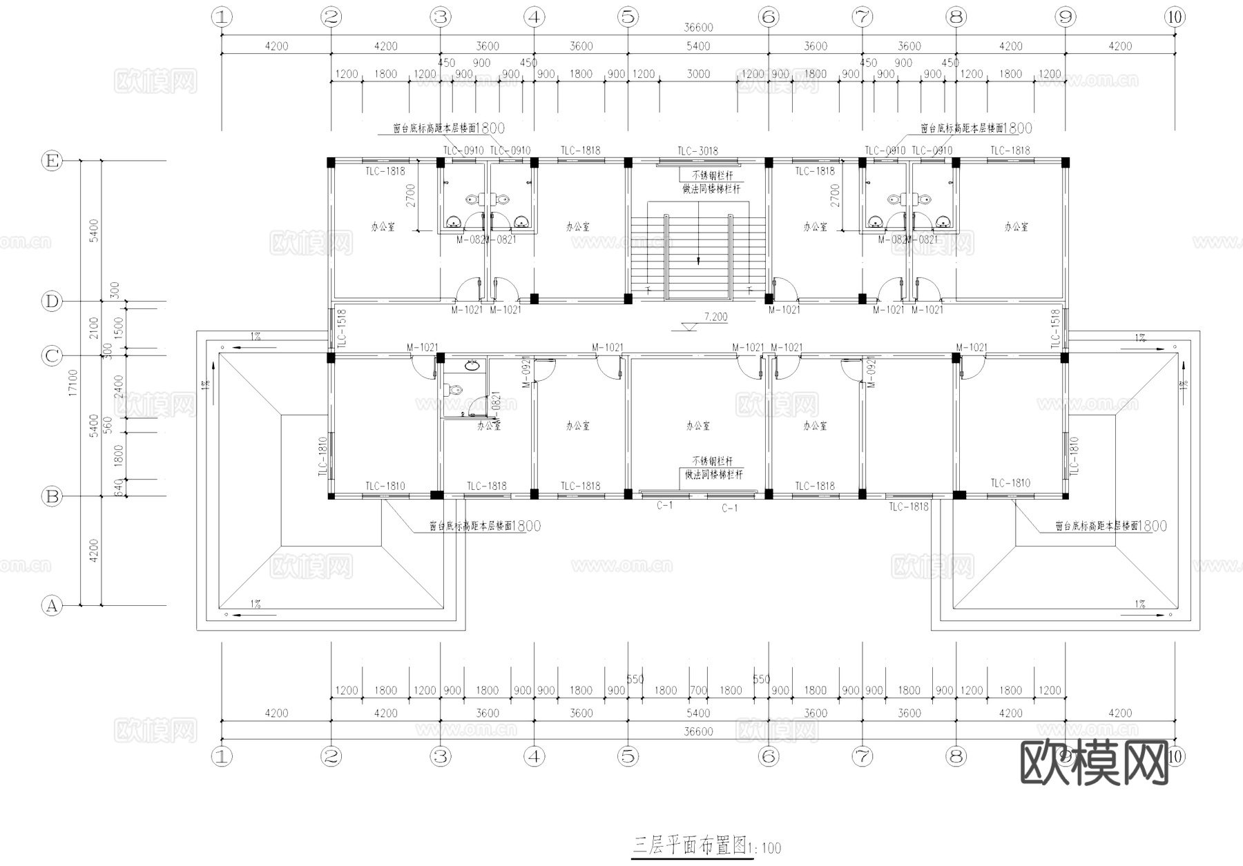 欧式坡屋顶办公楼建筑CAD施工图cad施工图