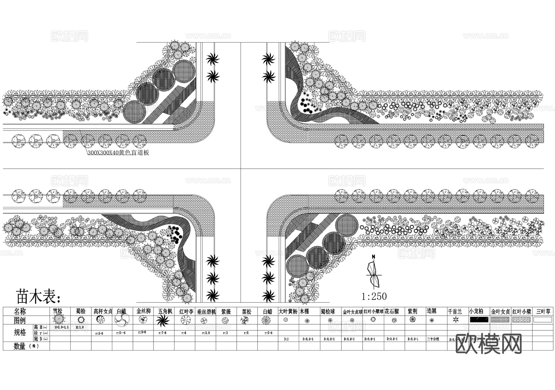 道路绿化 十字路口立交点 景观植物种植配置 平面图 苗木表cad施工图