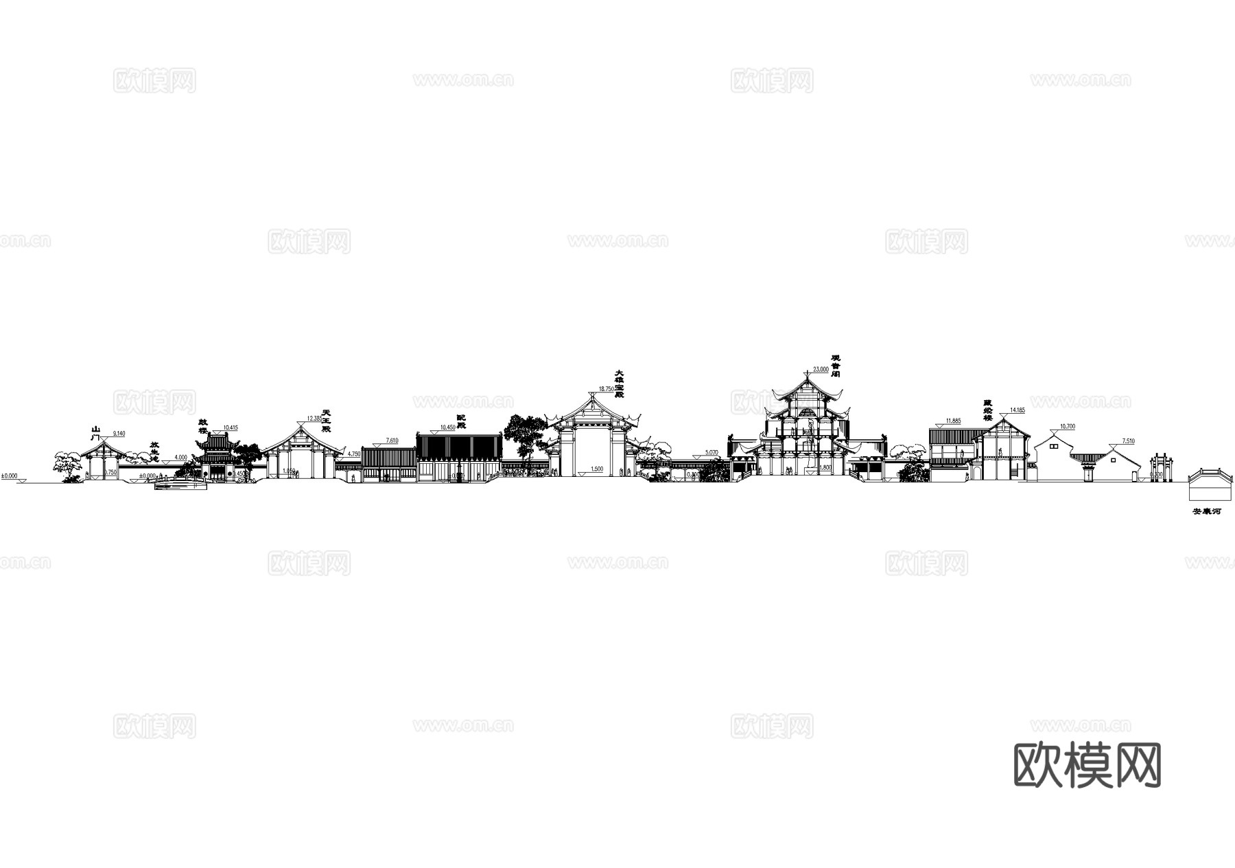寺庙 总平面图 剖立面图cad施工图