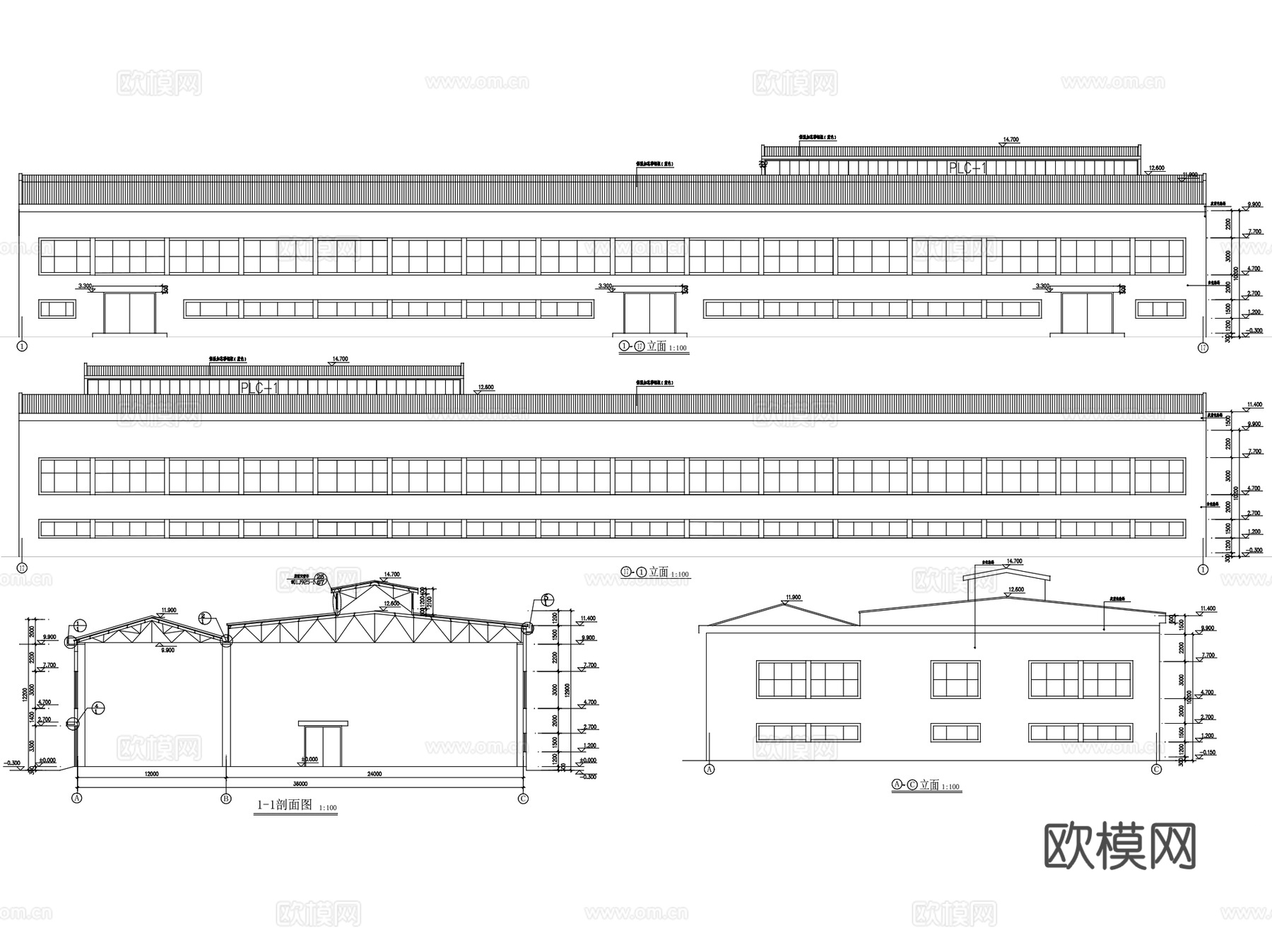 丙类连跨车间厂房工业建筑CAD施工图cad施工图