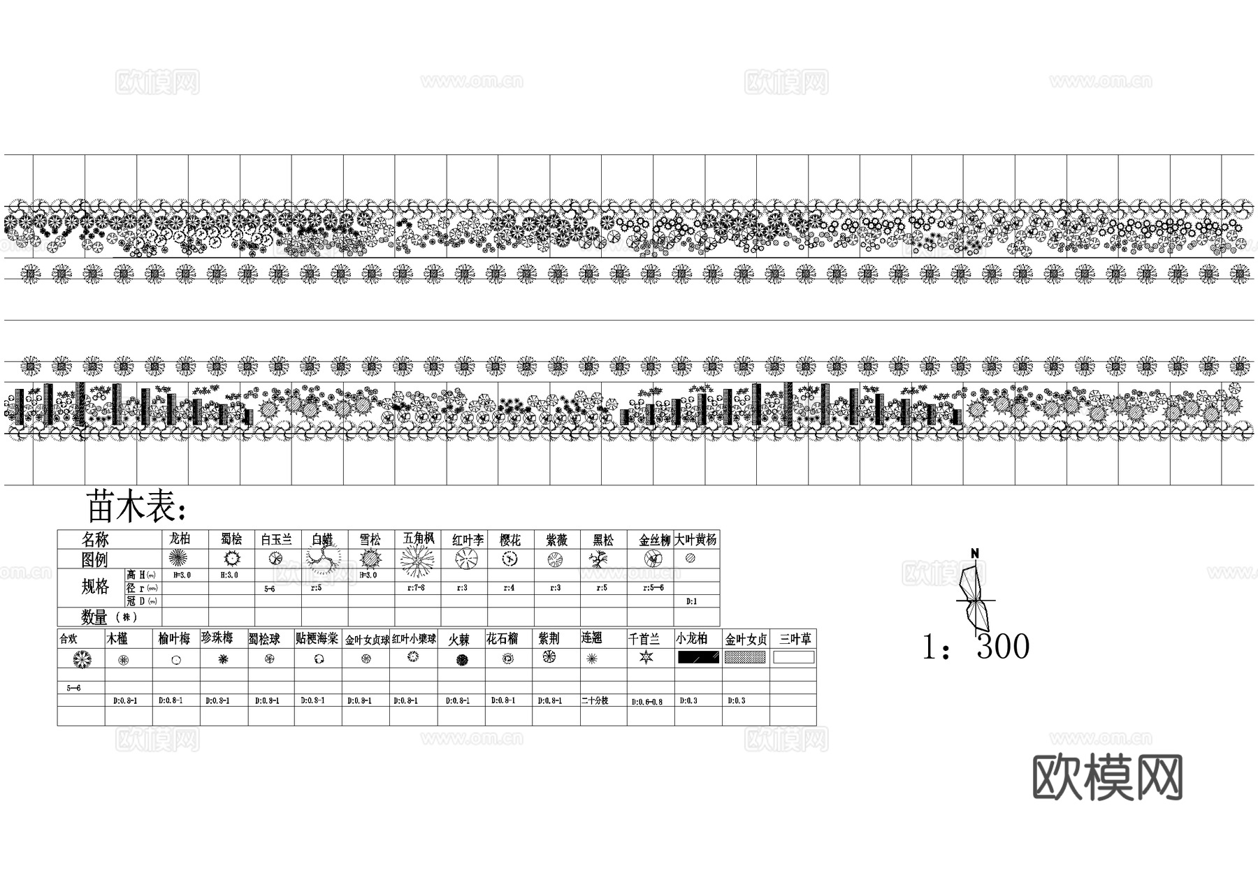 道路绿化 景观植物种植配置 标准段平面图 苗木表cad施工图
