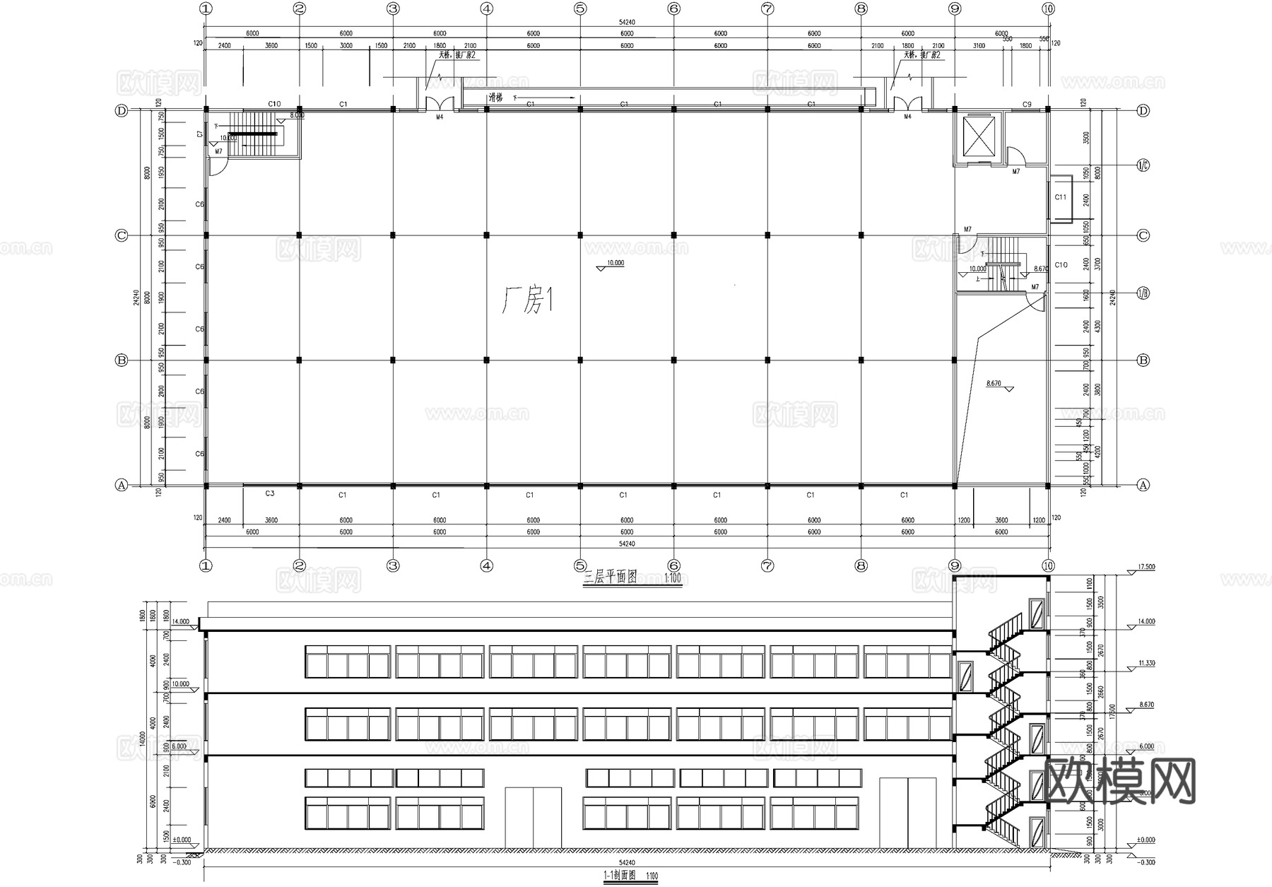 三层框排架车间厂房丁类工业建筑cad施工图