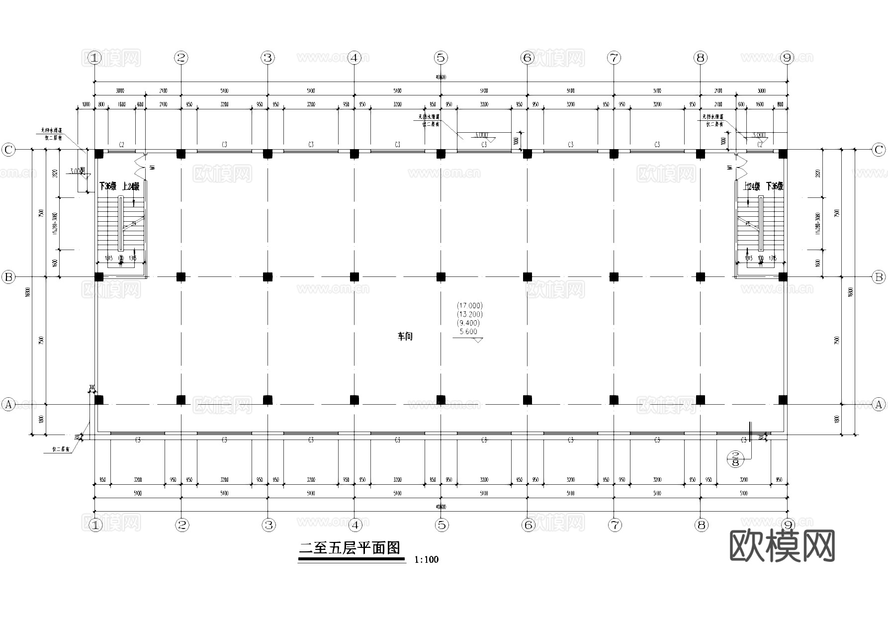 五层丙类框架结构厂房车间工业建筑CAD施工图cad施工图