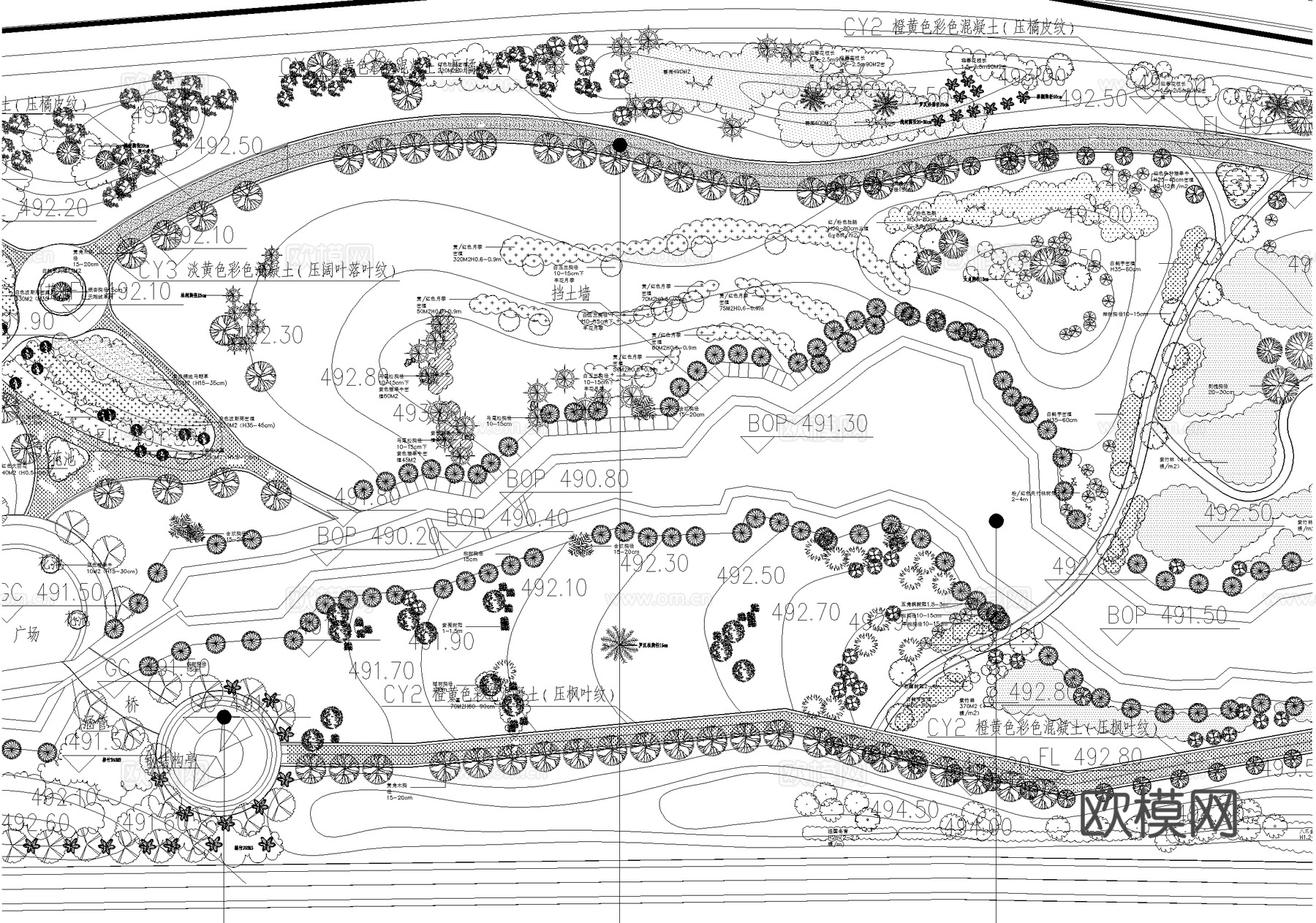 滨水公园 规划景观总平面图 植物种植绿化配置 河道码头广场cad施工图