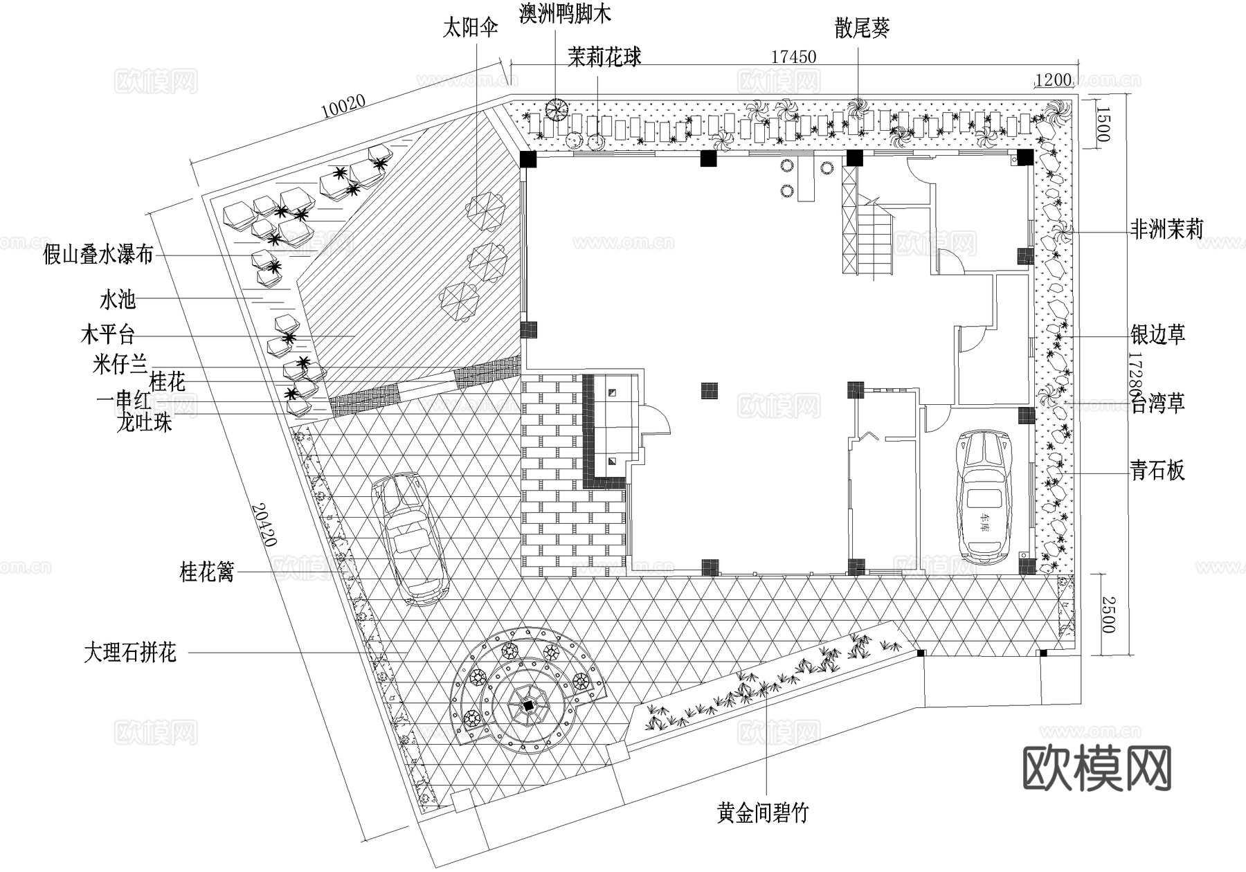 别墅庭院景观平面图 植物种植绿化配置cad施工图
