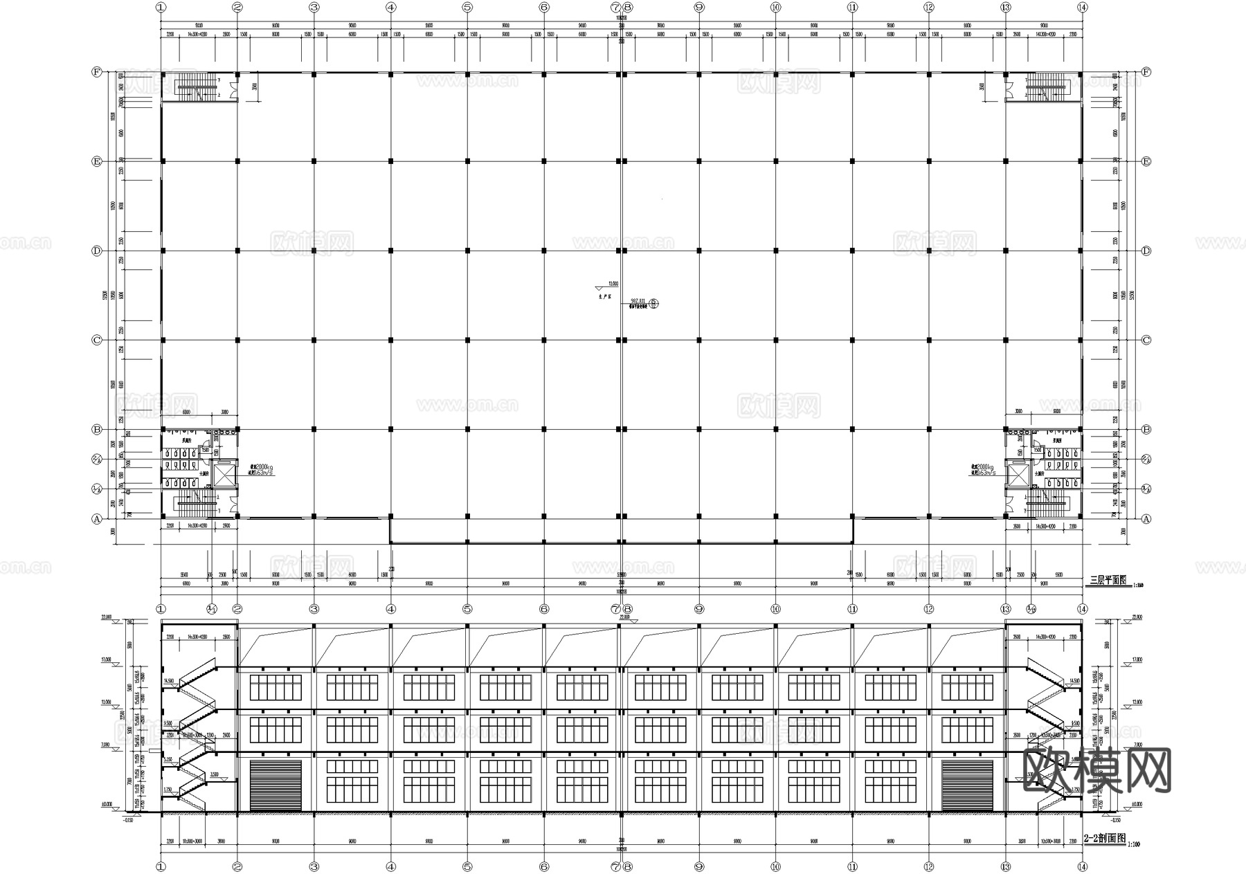 三层生产车间厂房工业建筑cad施工图
