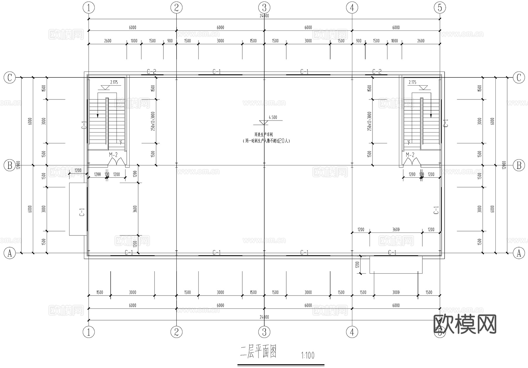 钢结构厂房二层丙类生产车间工业建筑cad施工图