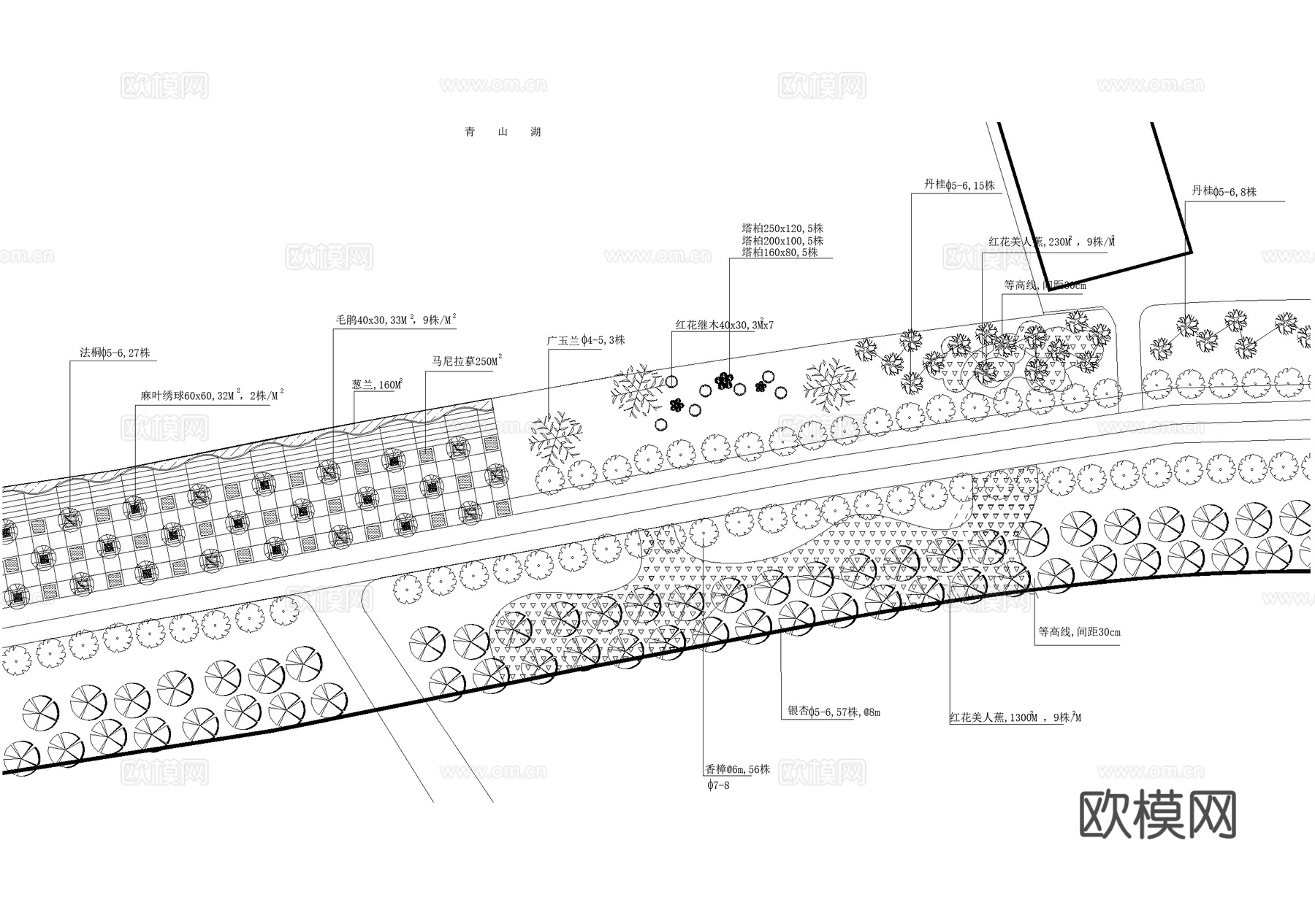 滨水公园规划景观总平面图 植物种植绿化配置 沿江曲线绿道广场cad施工图