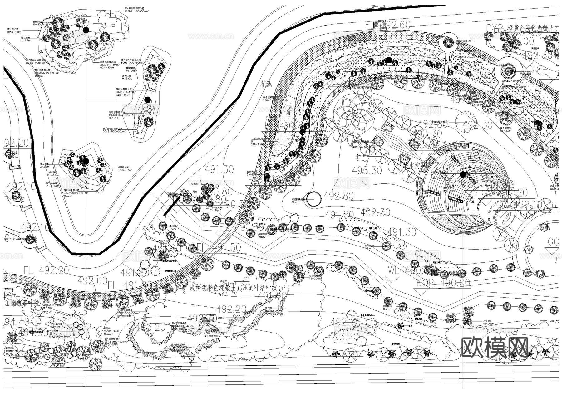滨水公园 规划景观总平面图 植物种植绿化配置 河道码头广场cad施工图