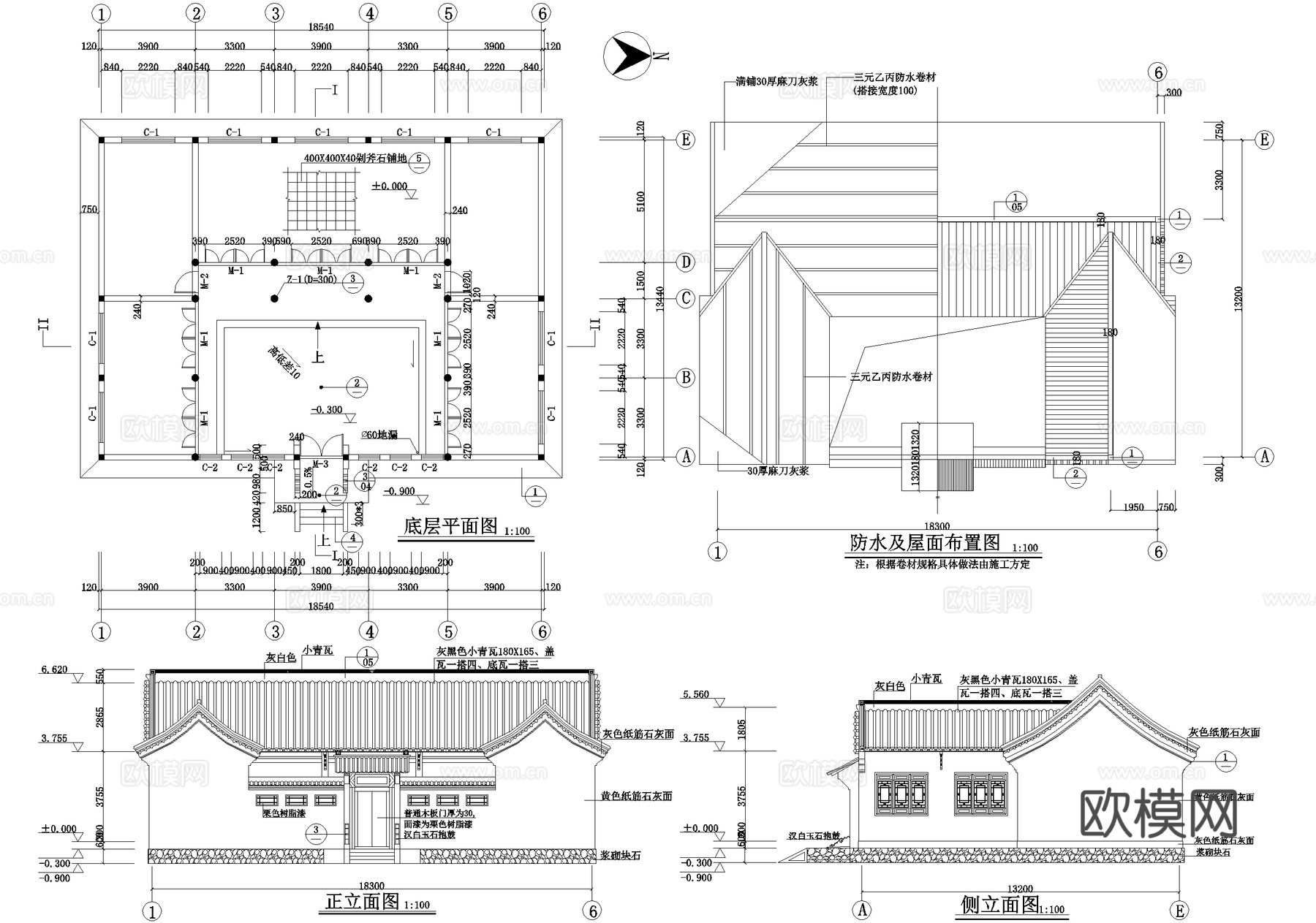 仿古建筑 三合院cad施工图