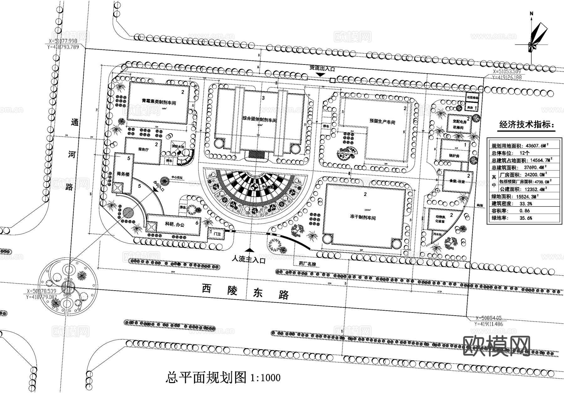 药厂工业产业园区生产制剂车间厂房办公建筑规划总平面图cad施工图
