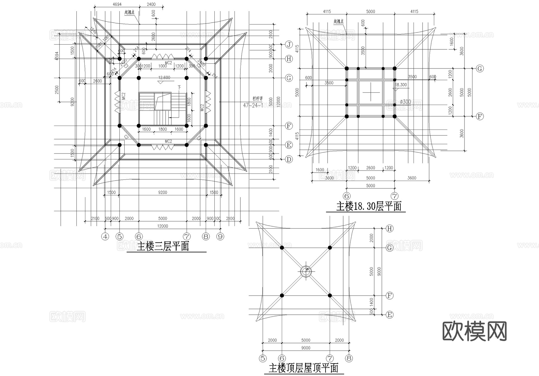 中式仿古建筑 阁楼亭子廊架连廊 三层重檐歇山顶cad施工图