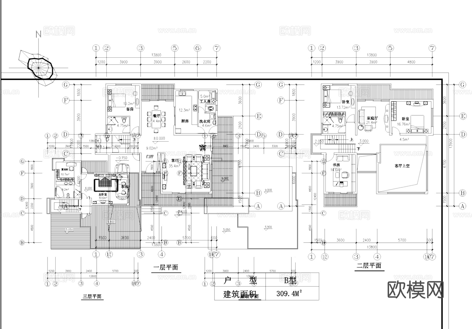 玫瑰苑别墅建筑平立面CAD施工图cad施工图