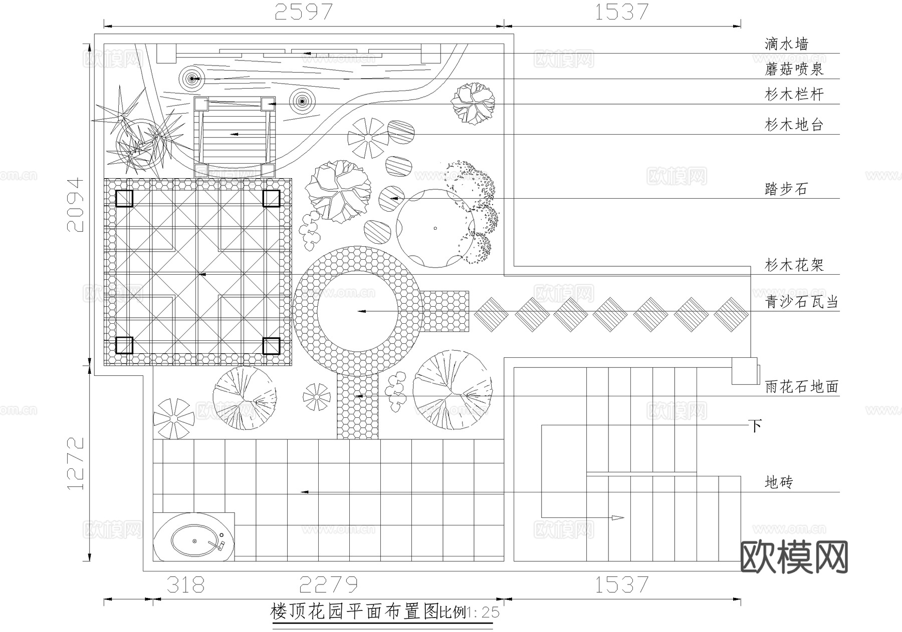 别墅庭院 屋顶花园 天井花园cad施工图
