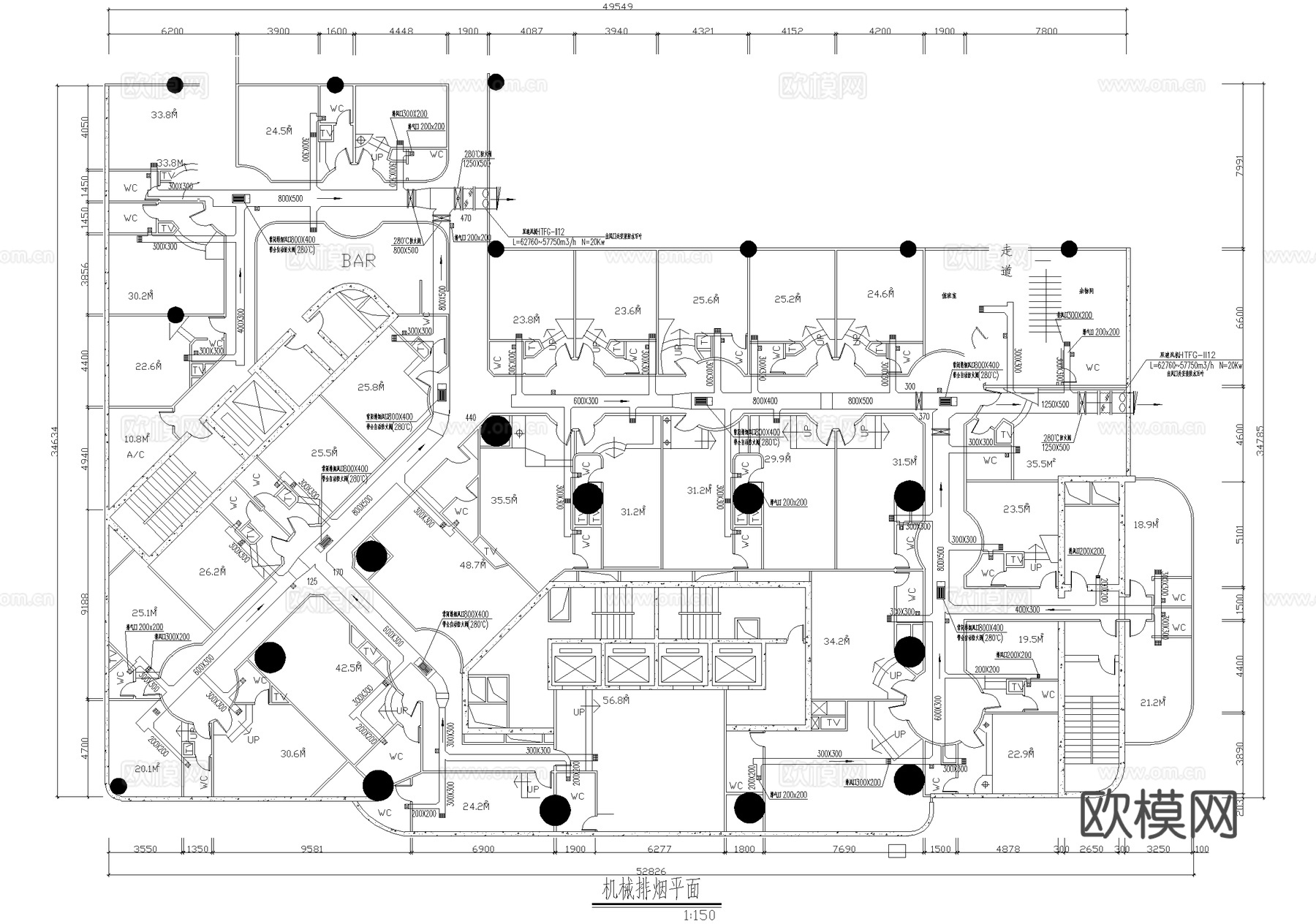 消防给水平面图 机械排烟平面图 喷淋消防图 烟感消防图cad施工图