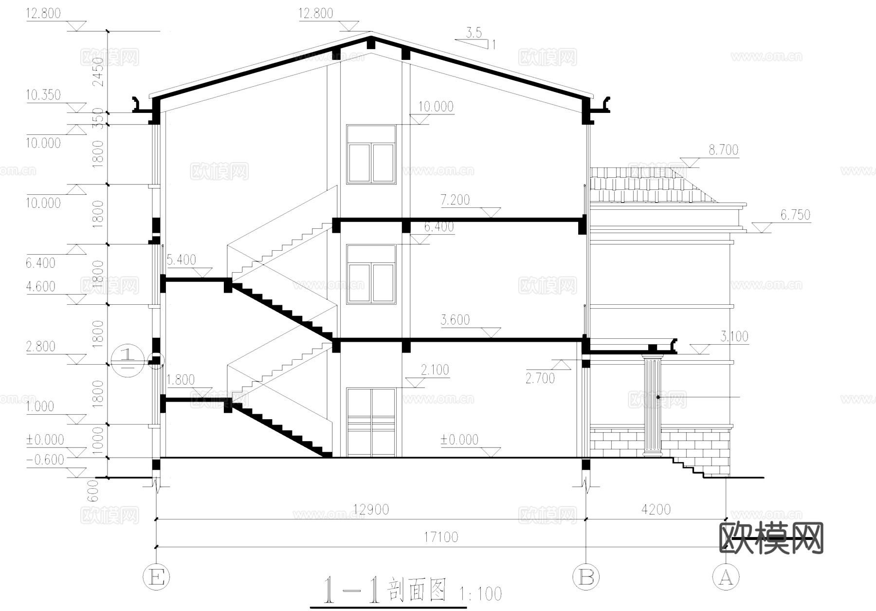 欧式坡屋顶办公楼建筑CAD施工图cad施工图