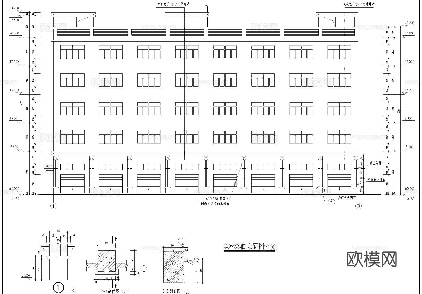 五层丙类框架结构厂房车间工业建筑CAD施工图cad施工图