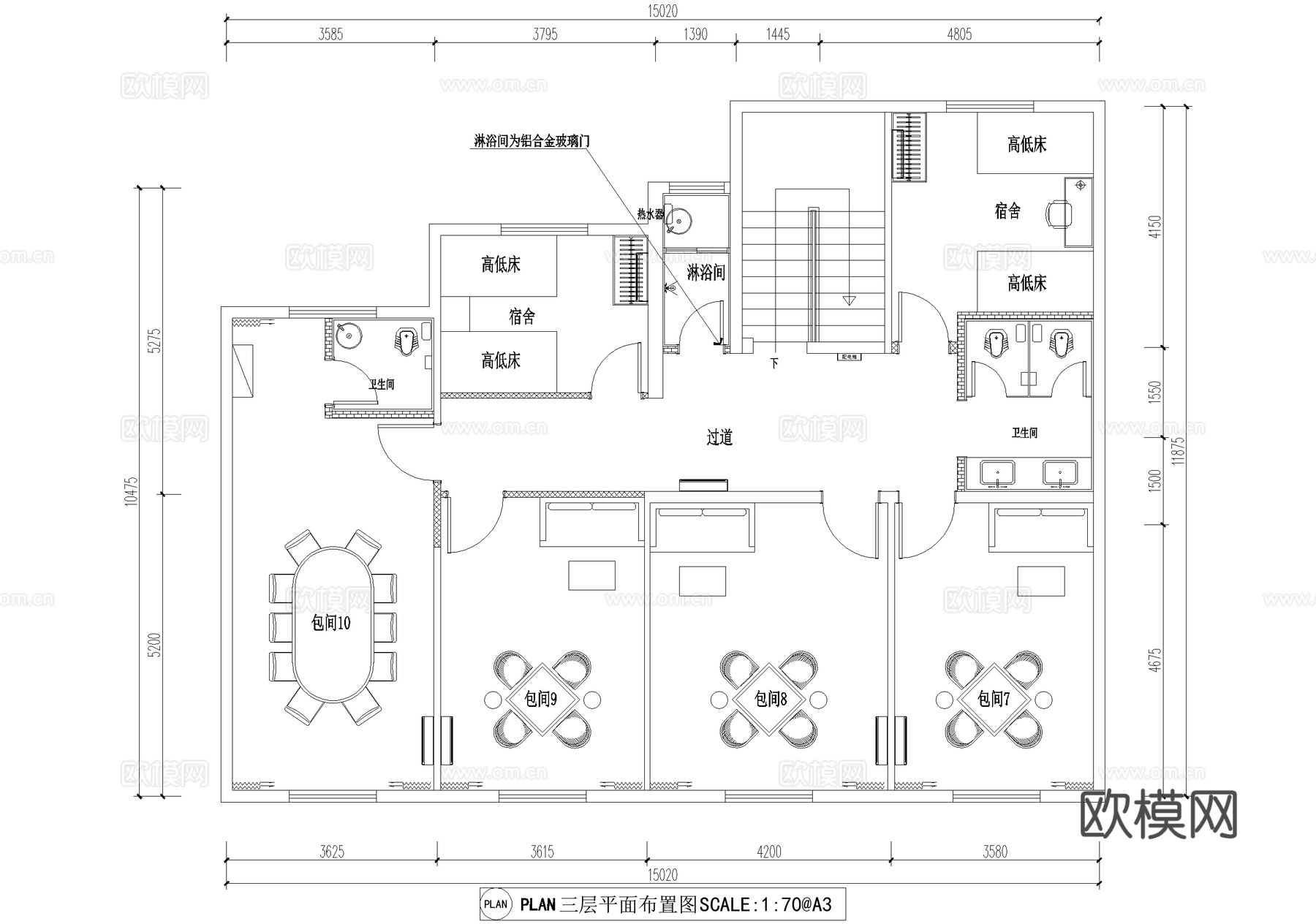 现代三层茶馆茶楼棋牌麻将会所室内工装CAD施工图cad施工图
