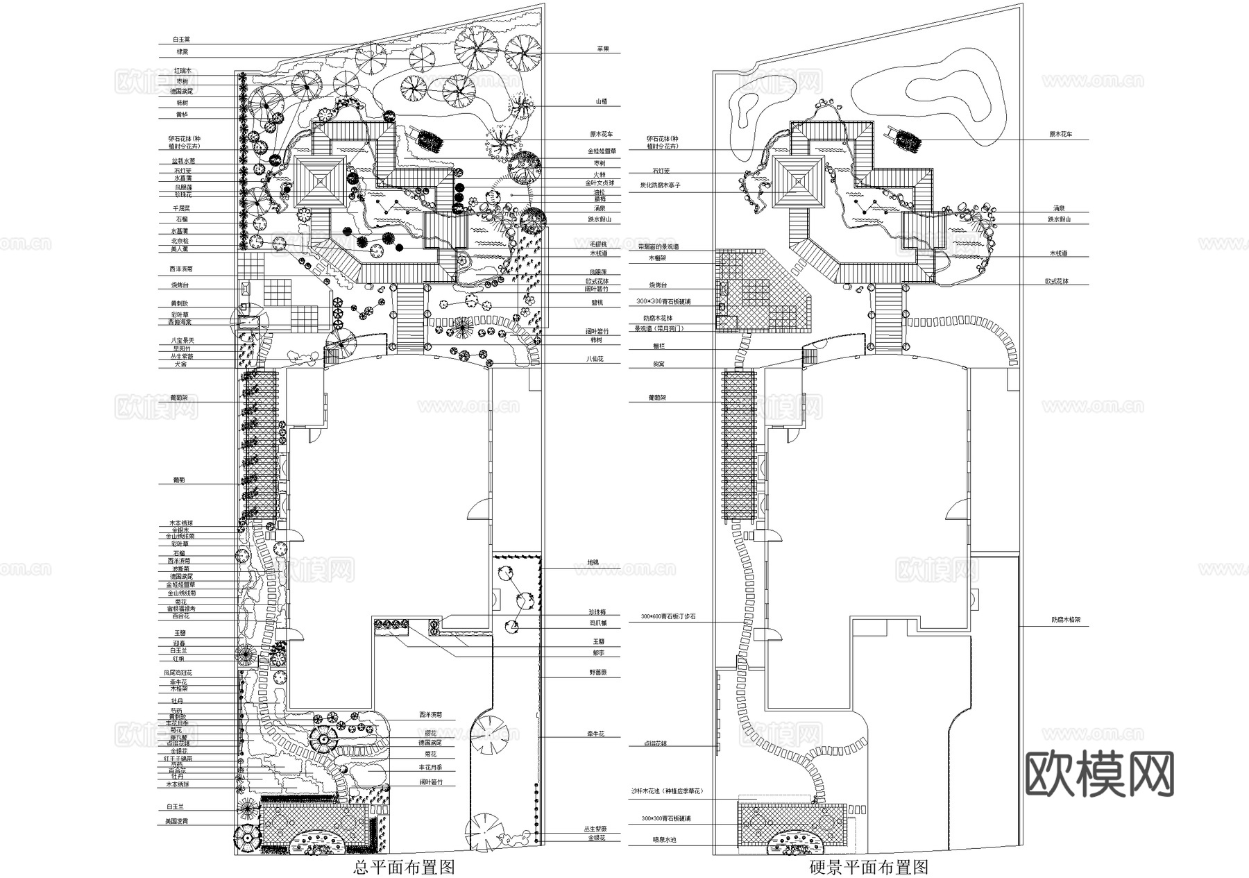 别墅庭院景观平面图 植物种植绿化配置cad施工图