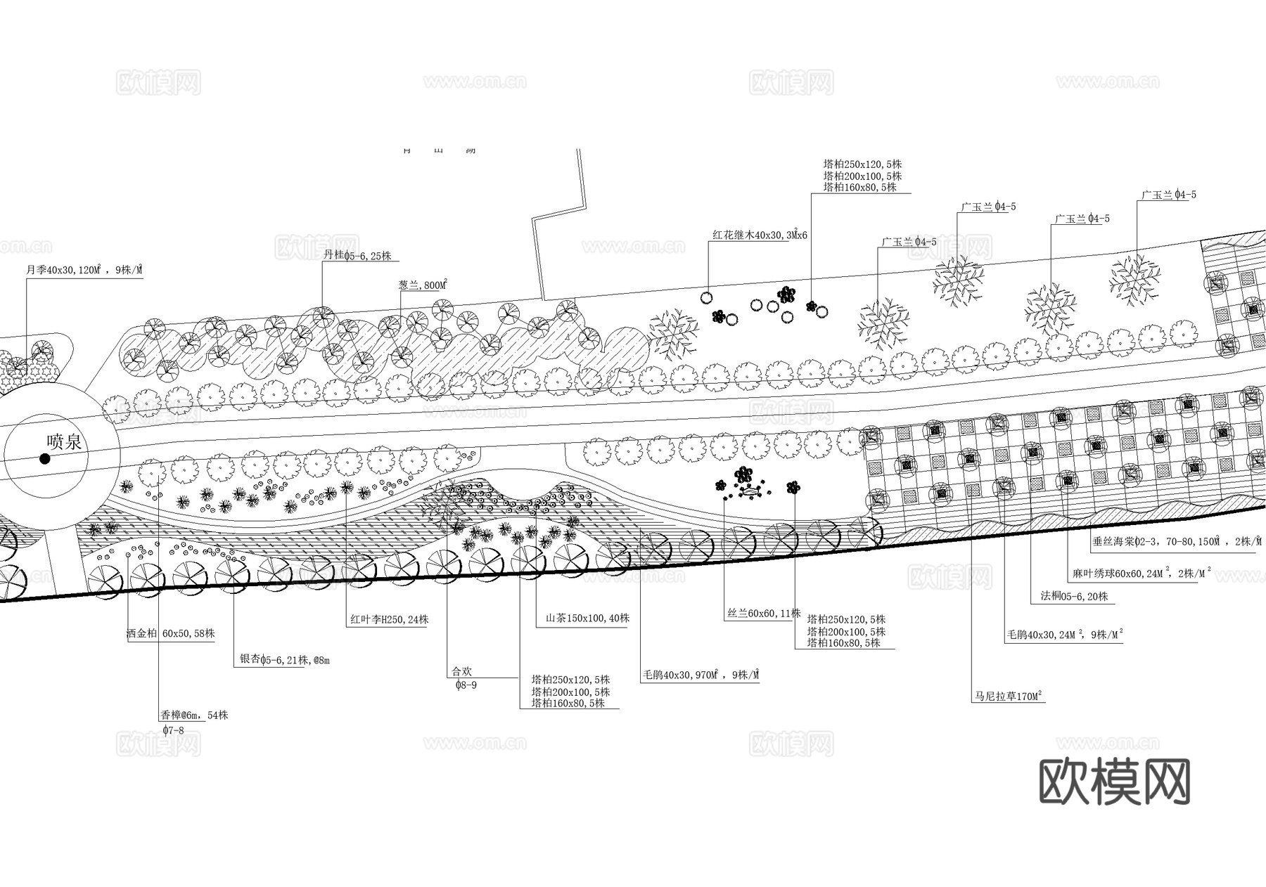 滨水公园规划景观总平面图 植物种植绿化配置 沿江曲线绿道广场cad施工图