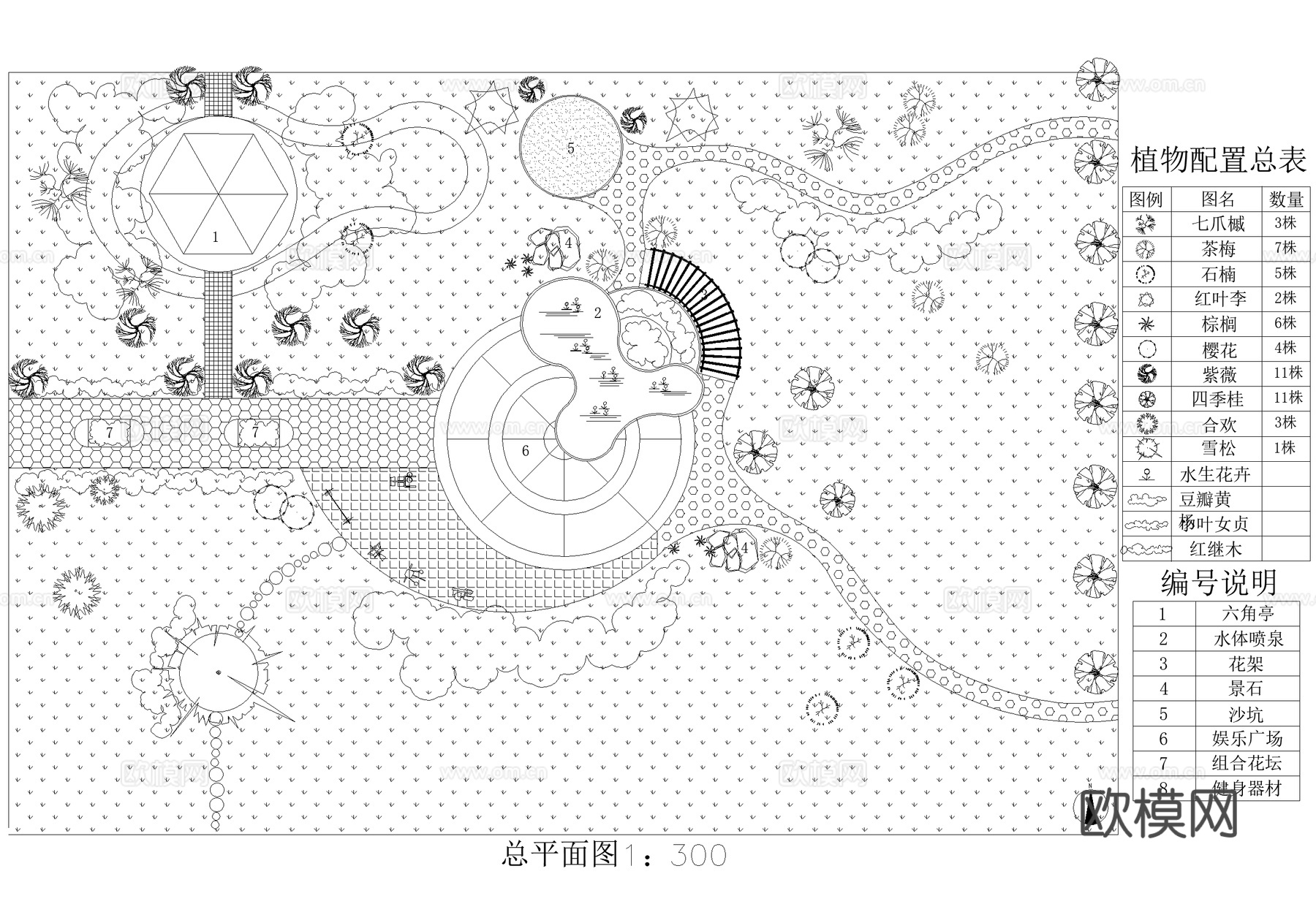 庭院 植物绿化平面图  花园庭院 小公园绿地cad施工图