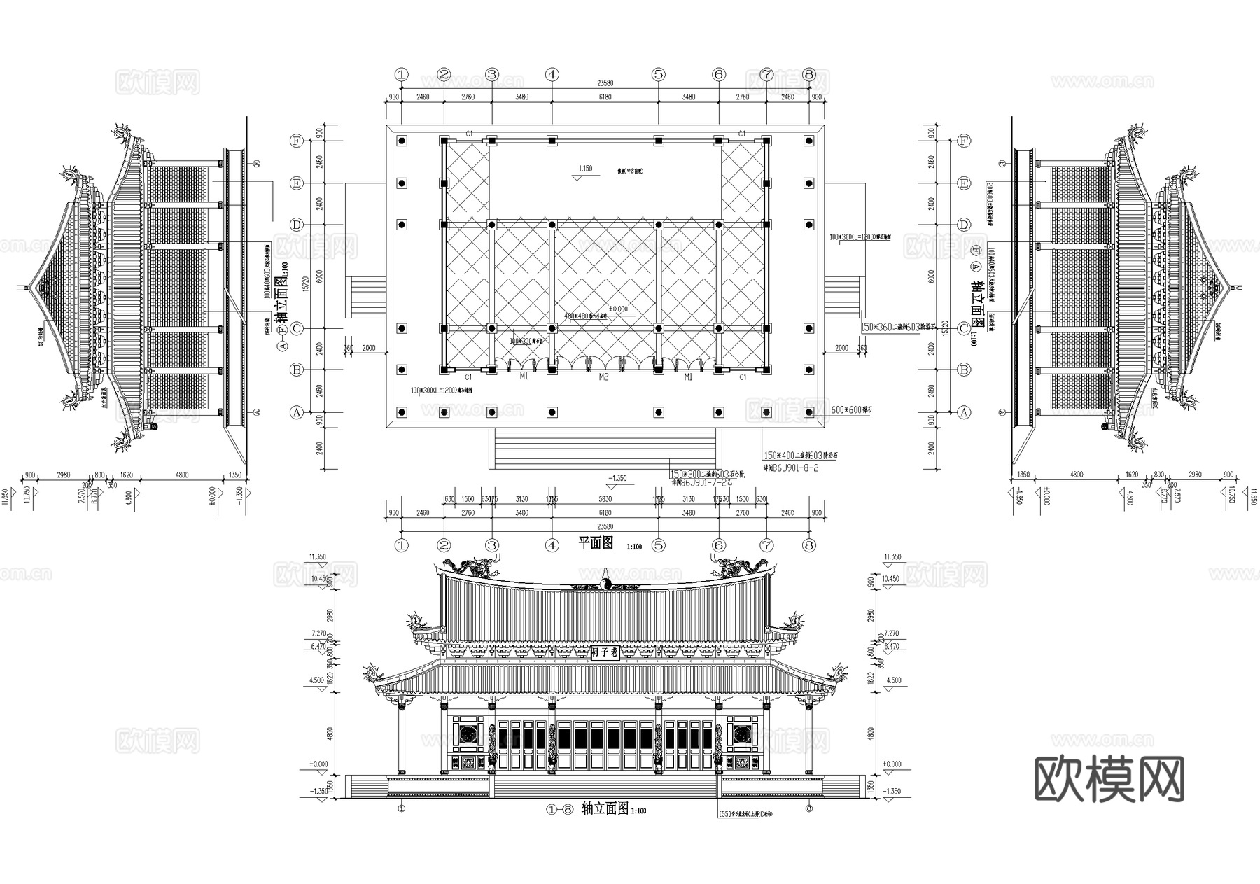 寺庙 道观大殿仿古建筑 重檐歇山顶cad施工图cad施工图