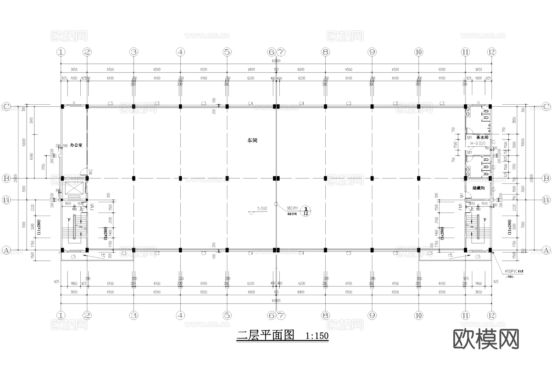 三层车间厂房工业建筑CAD施工图cad施工图