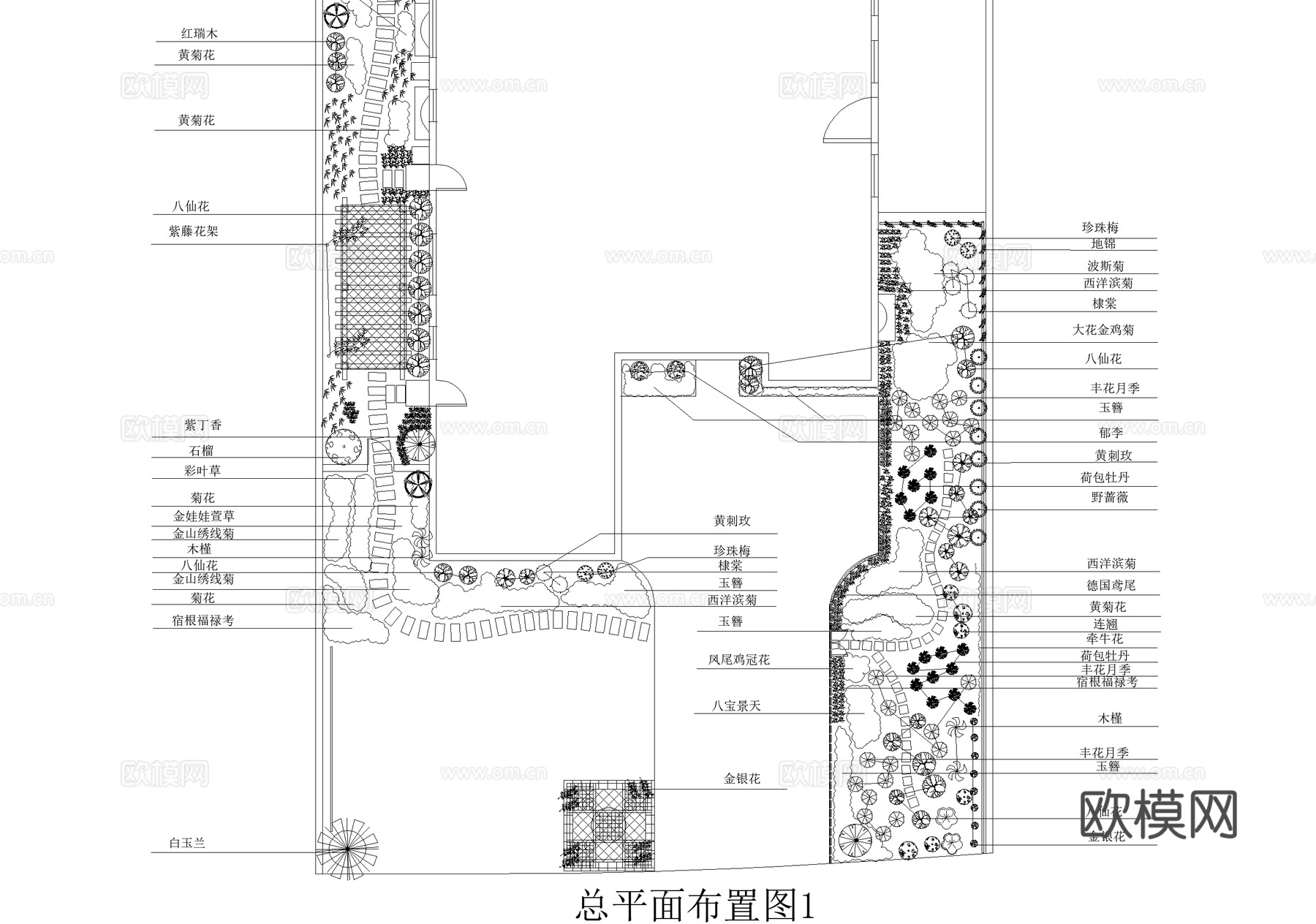 别墅庭院景观平面图 植物种植绿化配置cad施工图
