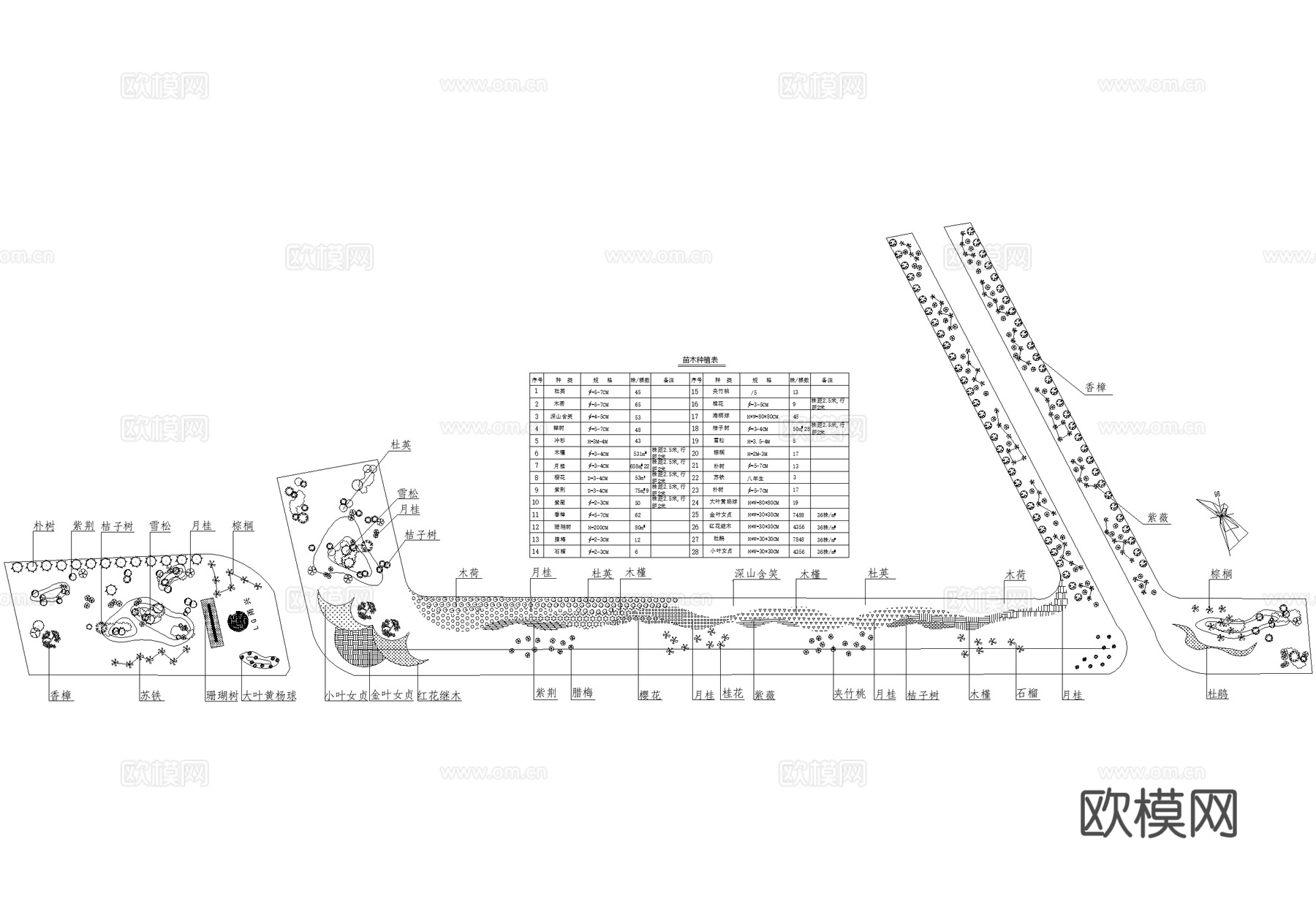 道路绿化 景观植物配置平面 苗木种植表cad施工图