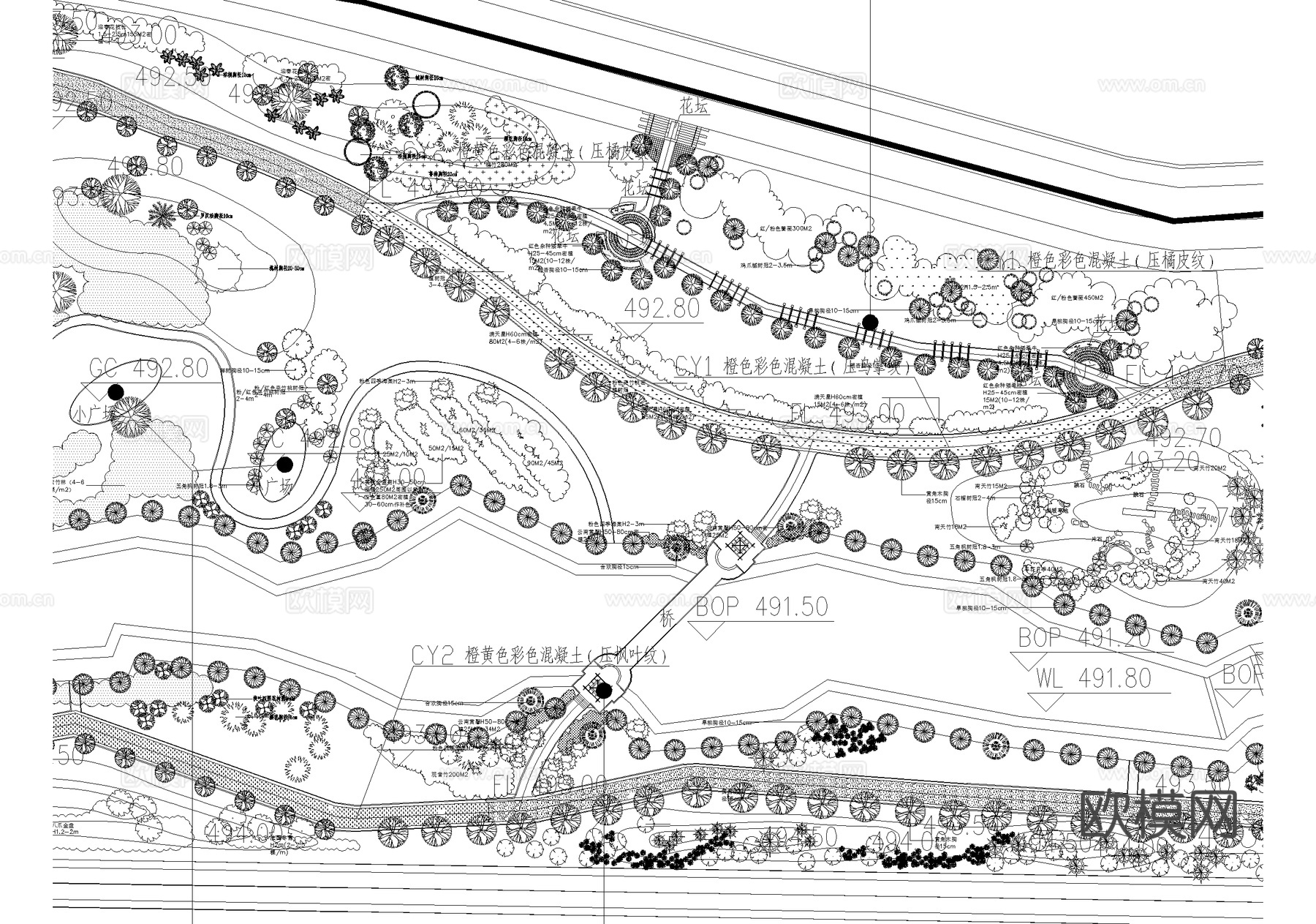 滨水公园 规划景观总平面图 植物种植绿化配置 河道码头广场cad施工图