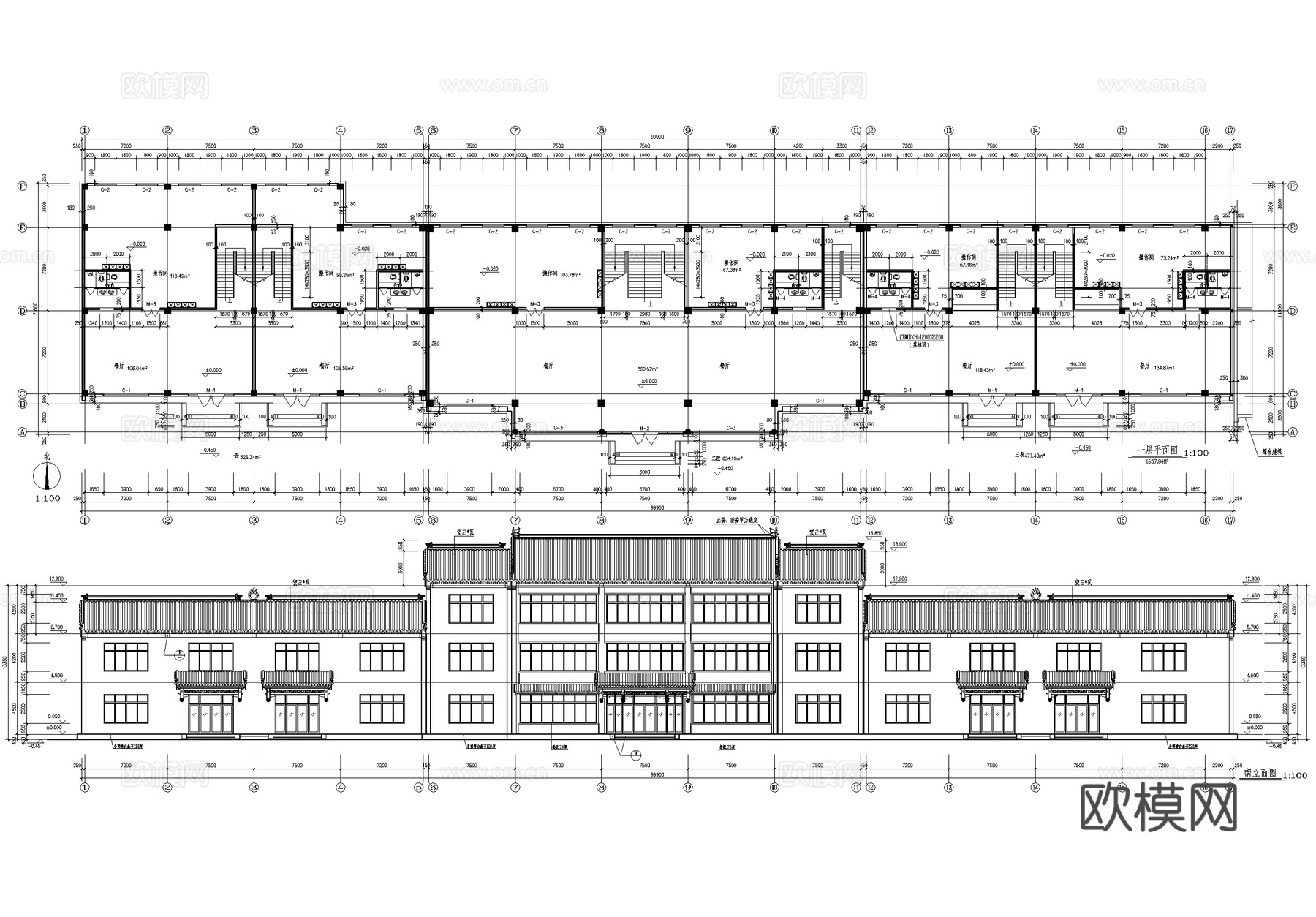 仿古建筑 三层餐厅饭店 餐饮建筑框架结构cad施工图