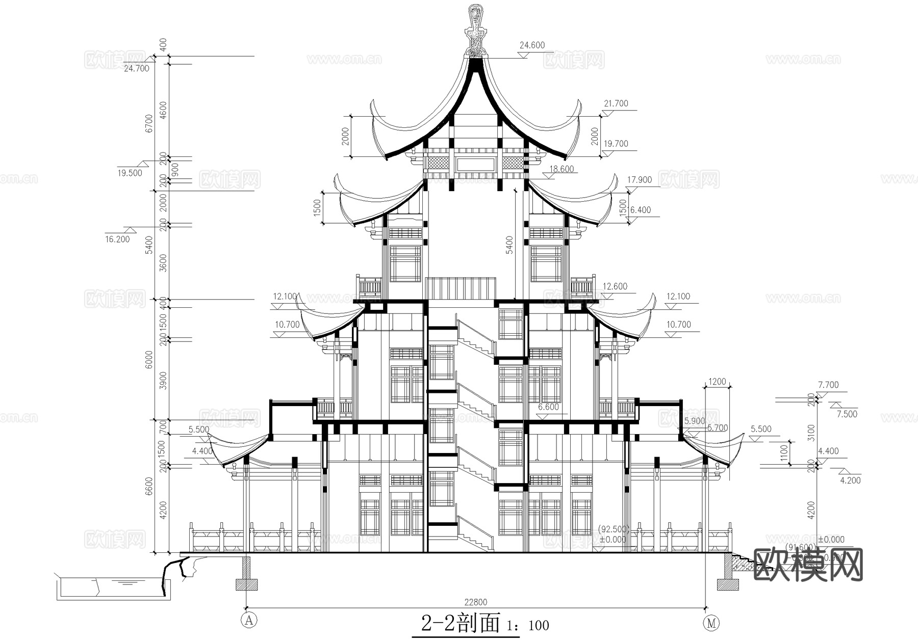 中式仿古建筑 阁楼亭子廊架连廊 三层重檐歇山顶cad施工图