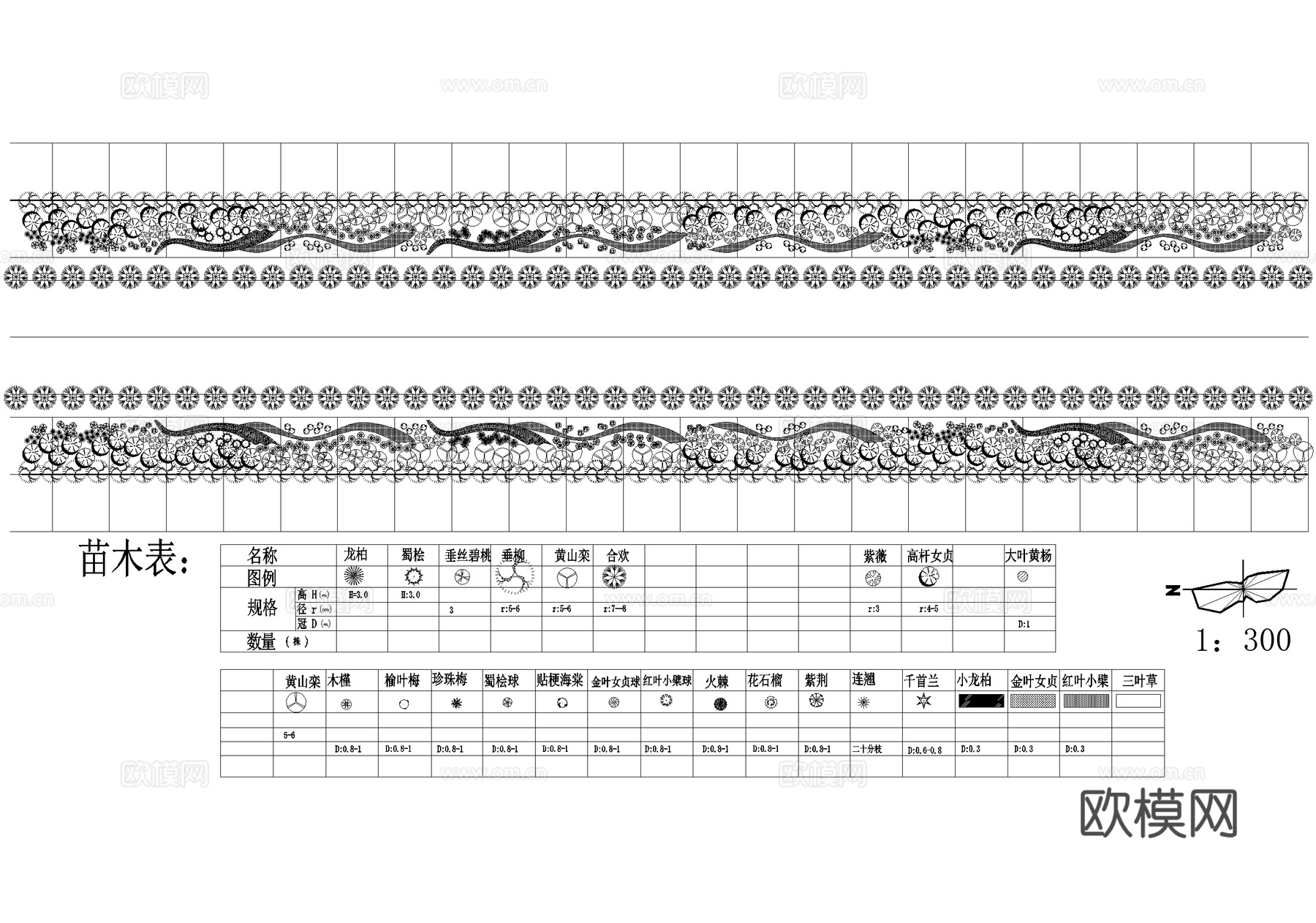 道路绿化 景观植物种植配置 标准段平面图 苗木表cad施工图