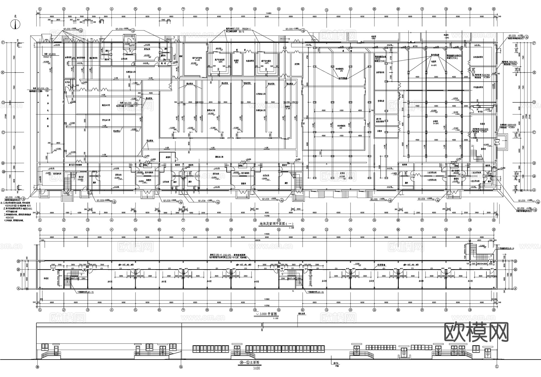 钢结构厂房 二层联合车间冷库肉类食品工业建筑cad施工图