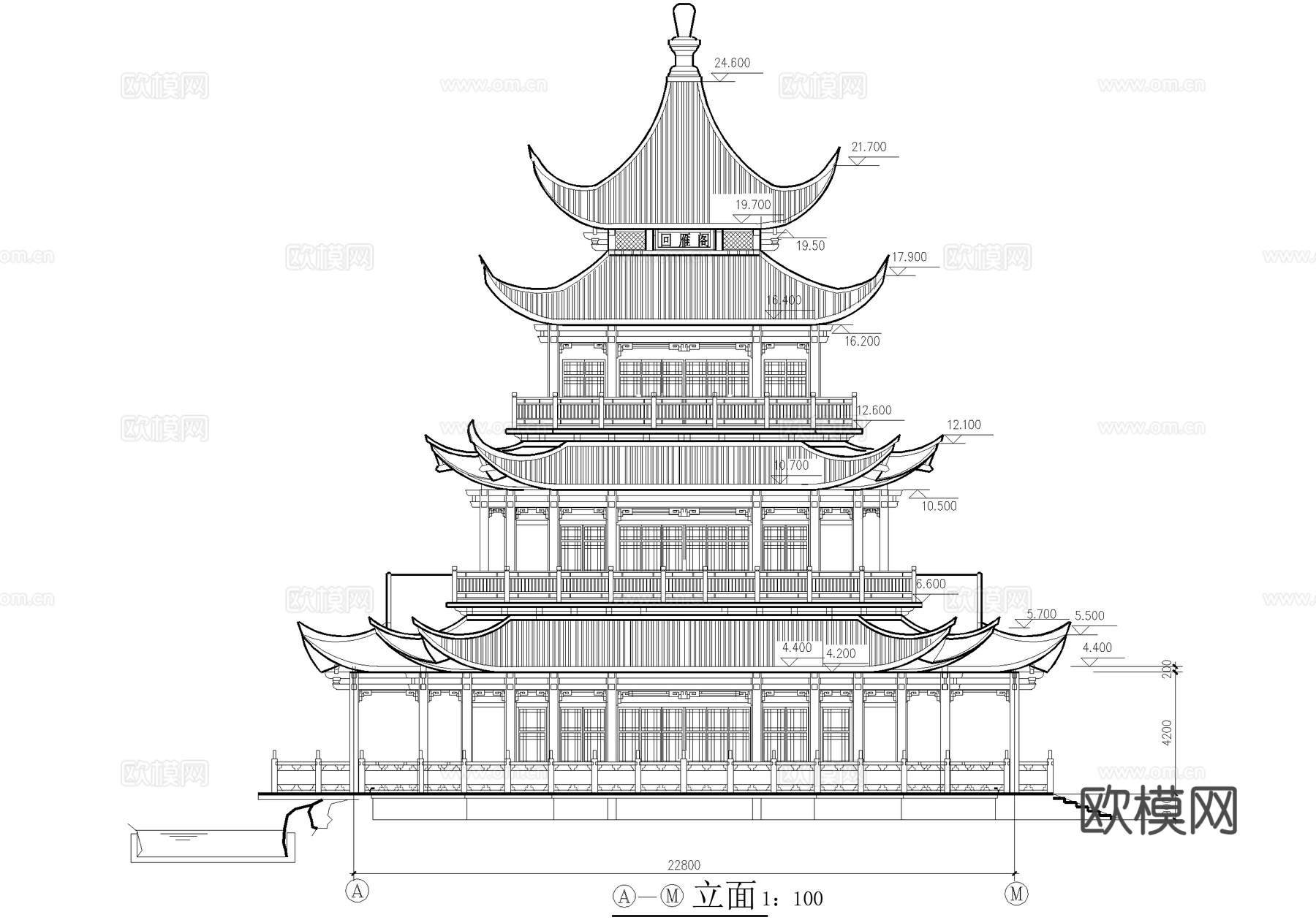 中式仿古建筑 阁楼亭子廊架连廊 三层重檐歇山顶cad施工图