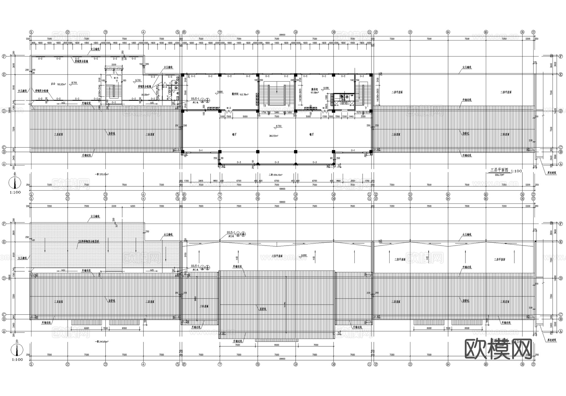 仿古建筑 三层餐厅饭店 餐饮建筑框架结构cad施工图