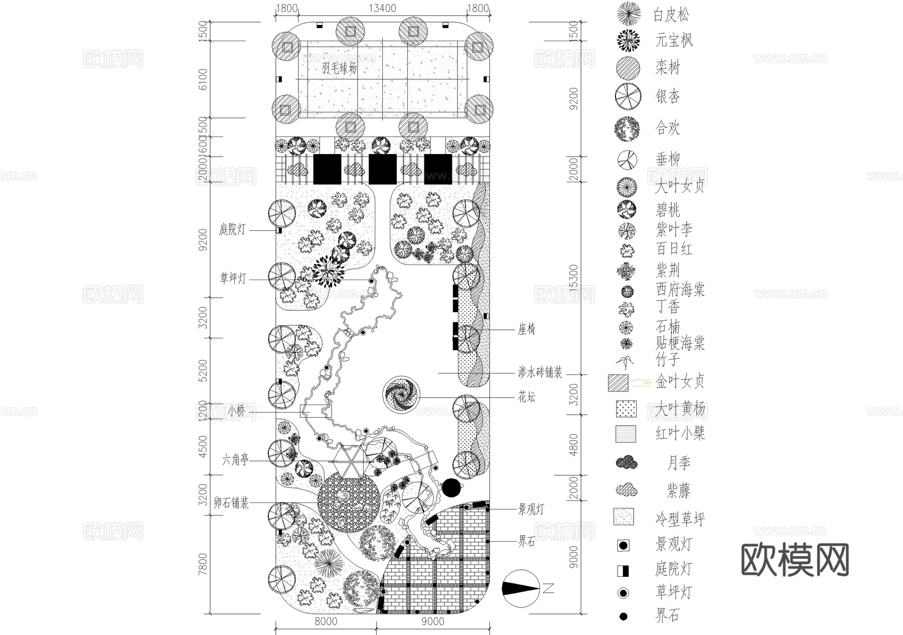 庭院 植物绿化平面图  花园庭院 小公园公共绿地 羽毛球场cad施工图cad施工图
