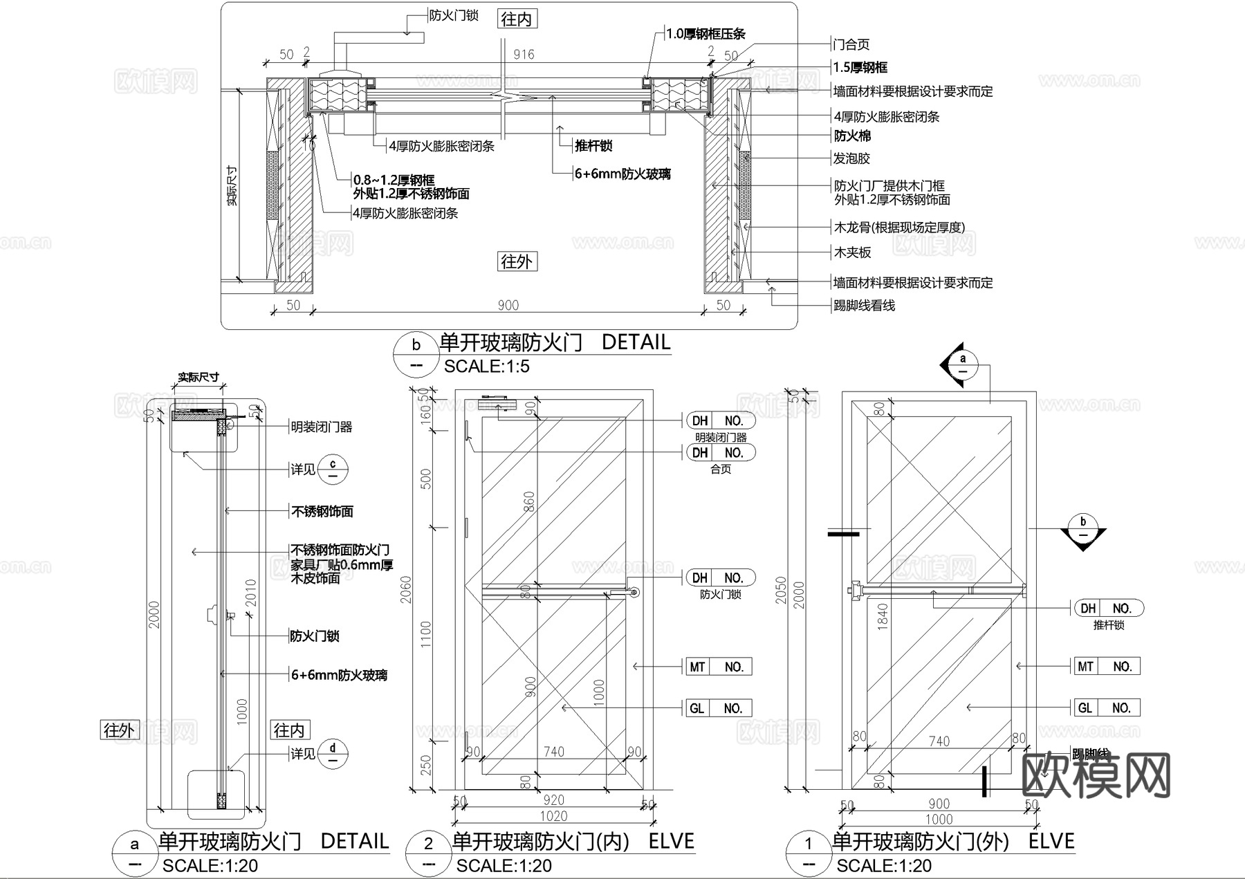 玻璃门节点 单开防火门 消防门cad施工图
