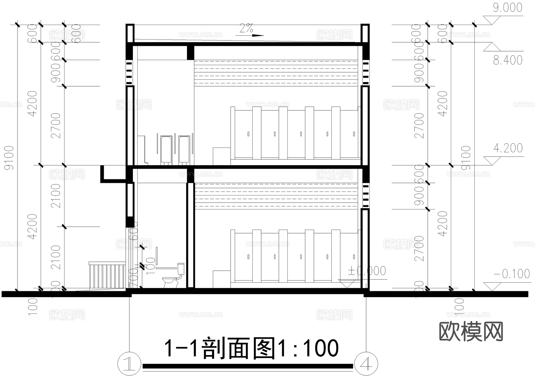 二层公共厕所建筑 卫生间洗手间 管理储藏室cad施工图