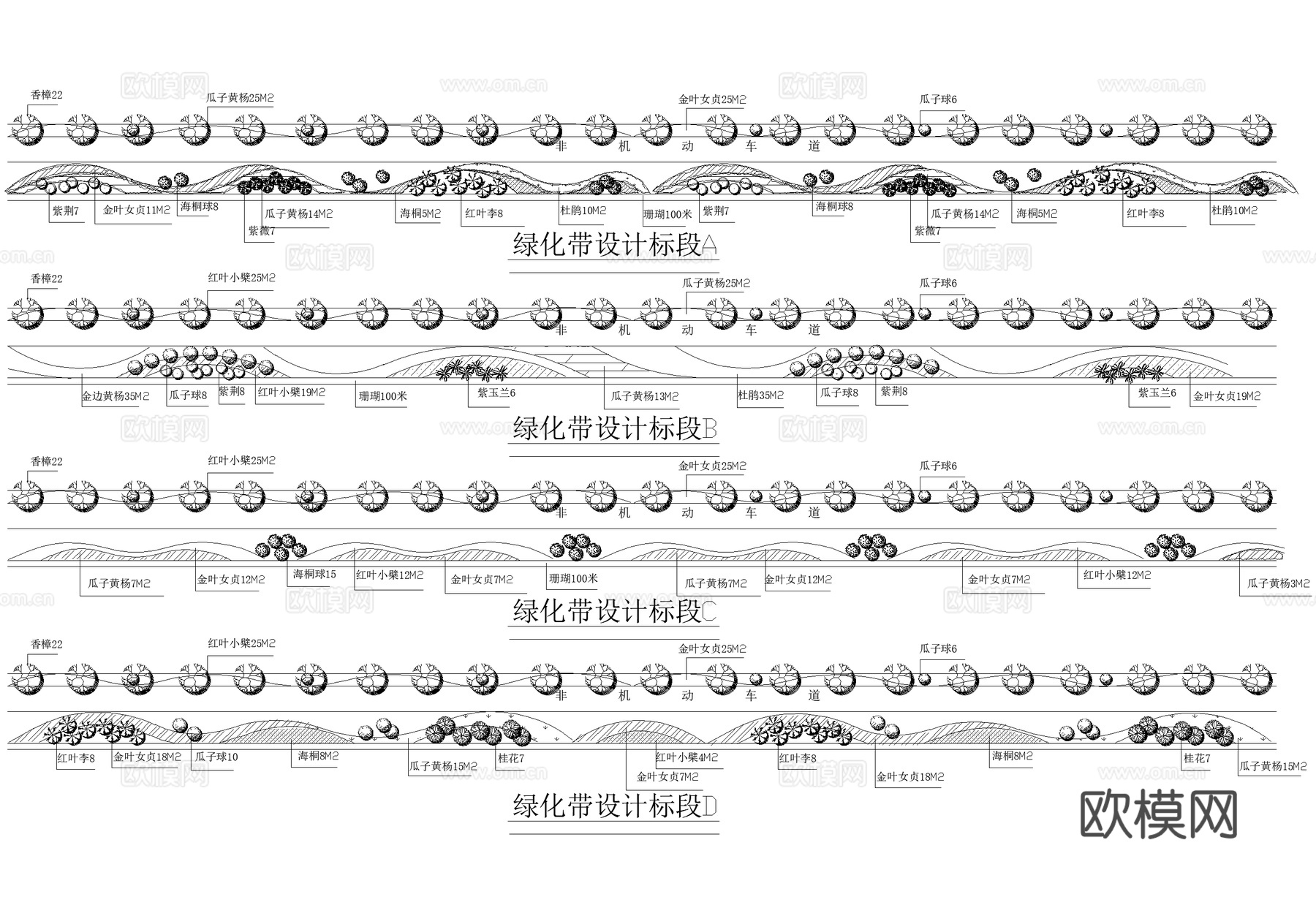 道路绿化 植物种植配置 绿化带平面图cad施工图
