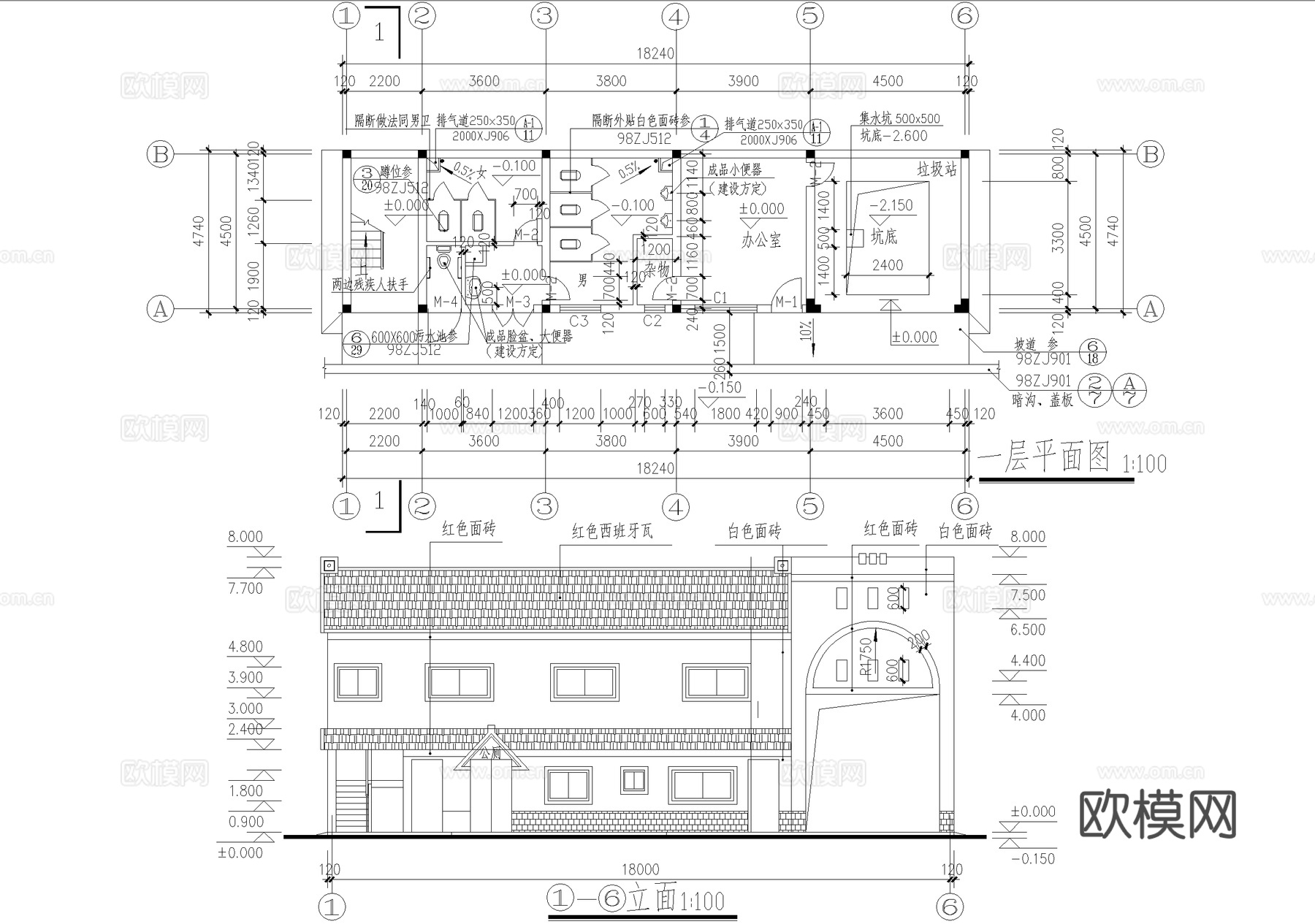 公共厕所垃圾站 二层洗手间卫生间cad施工图