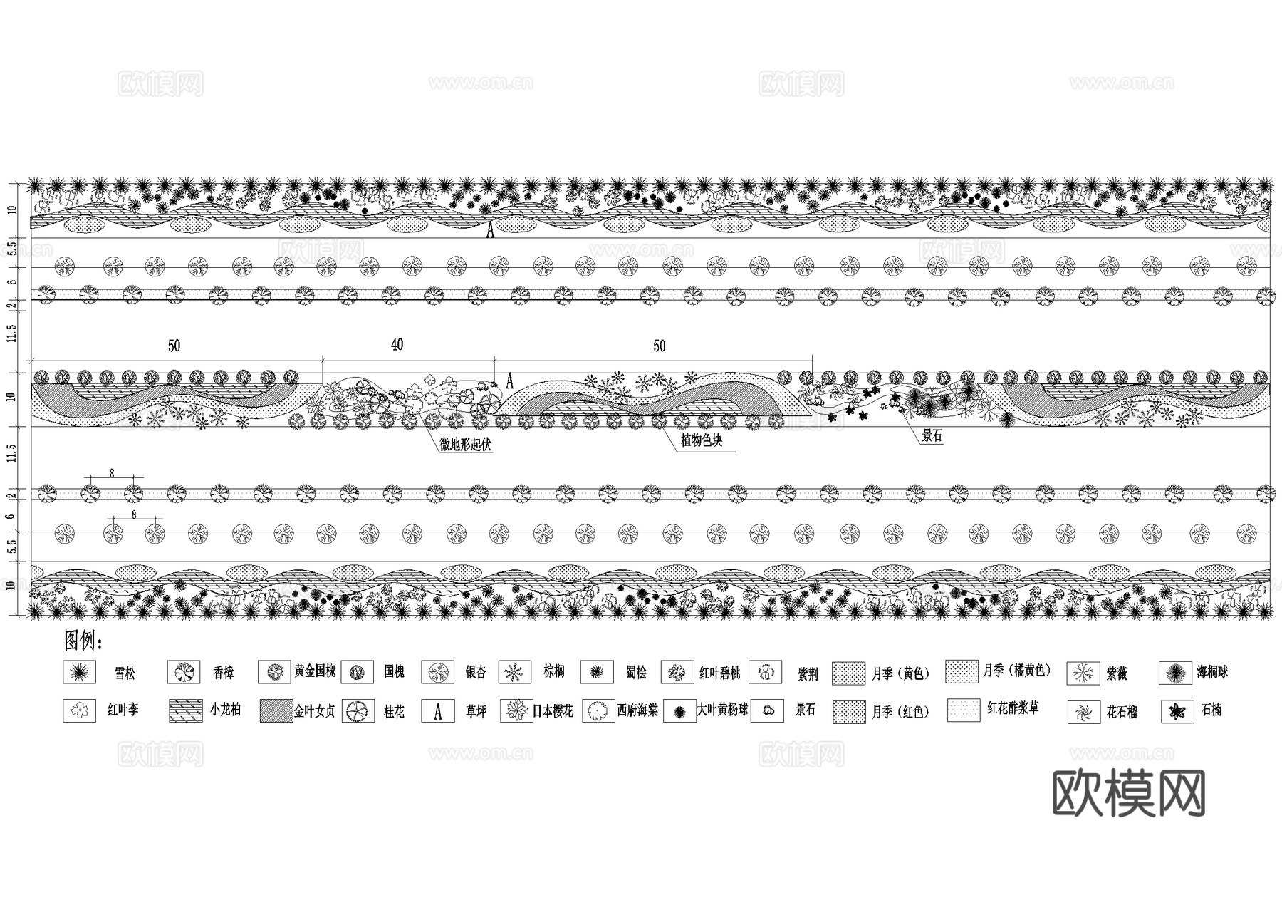 道路绿化 植物种植配置平面cad施工图