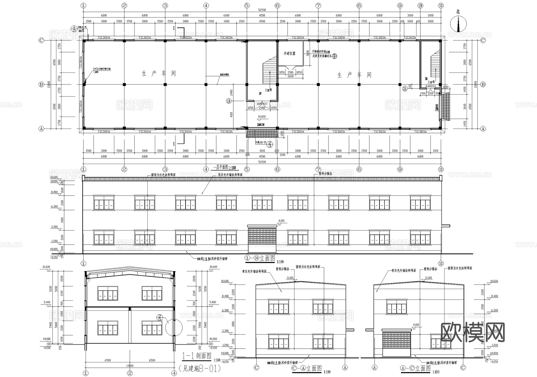 二层塑料生产车间厂房排架结构工业建筑cad施工图