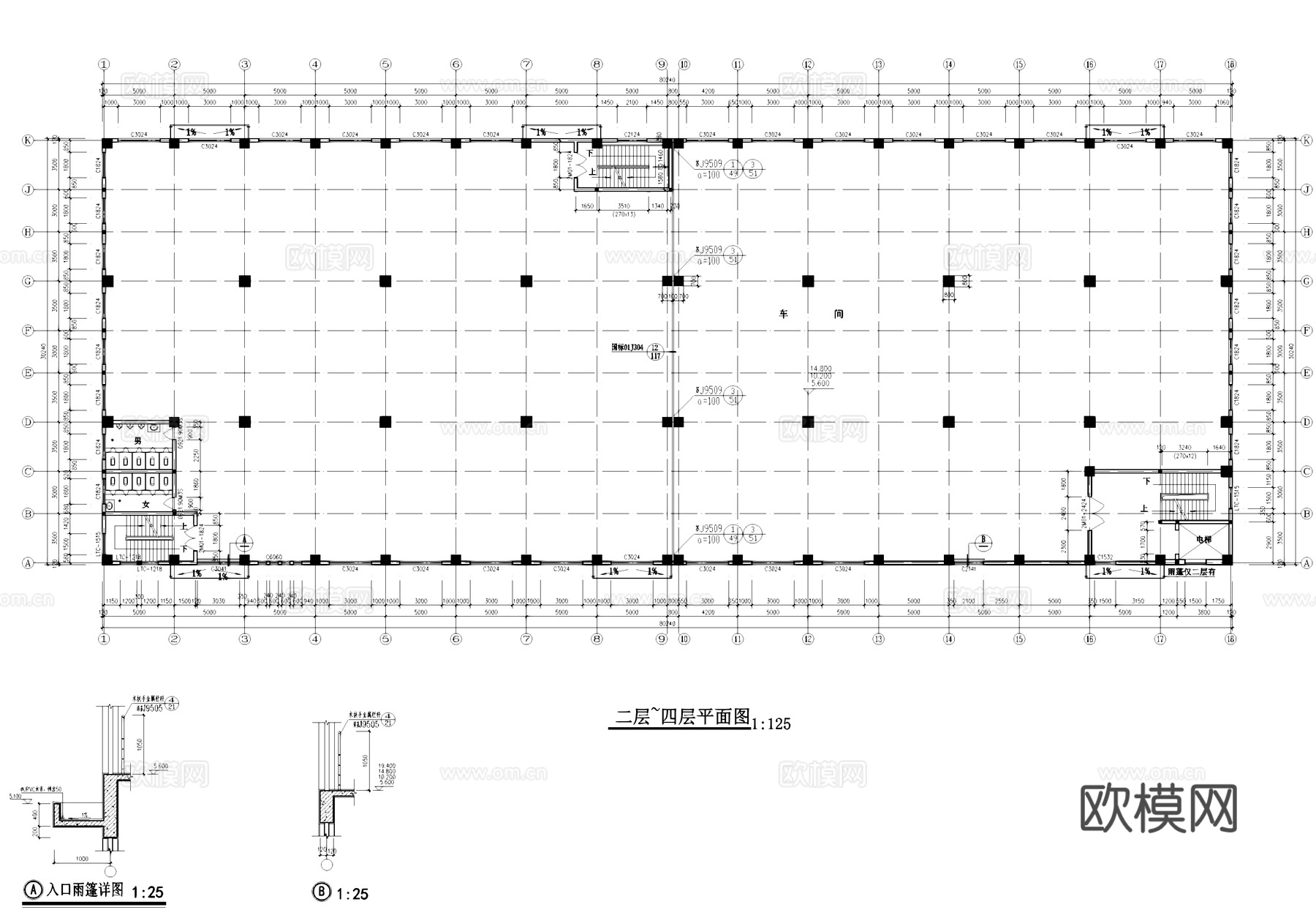 丙类六层车间厂房工业建筑CAD施工图集cad施工图