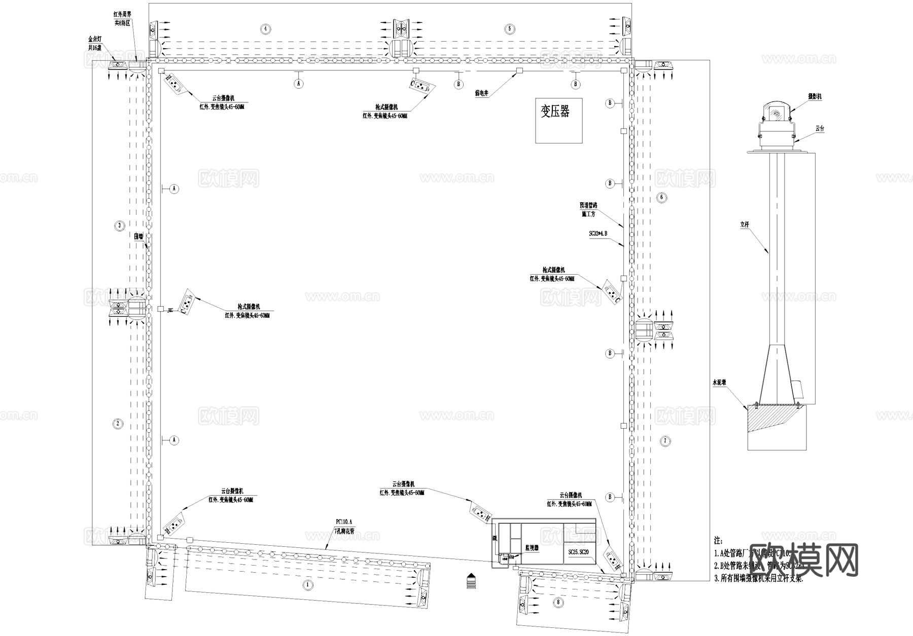 厂区安保系统平面图 红外摄像机监视器 电气图 弱电图cad施工图